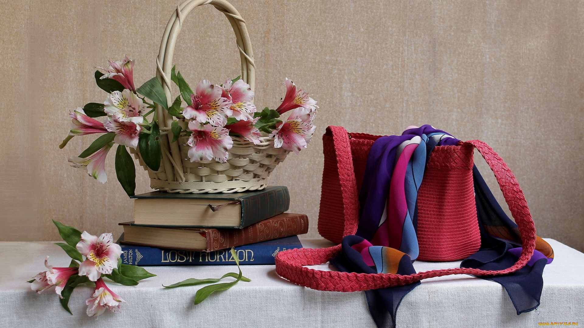 цветы, альстромерия, корзинка, сумка, лилии, книги