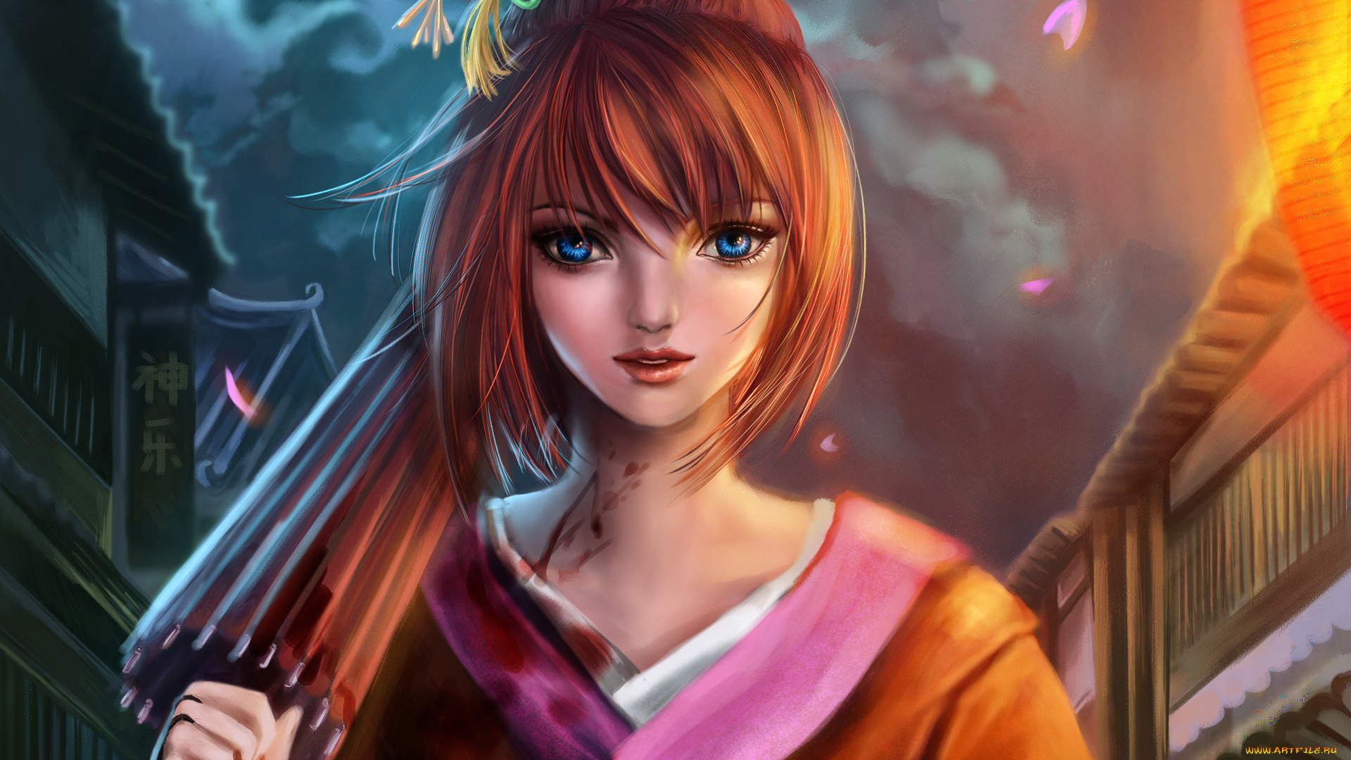 аниме, gintama, арт, кровь, зонт, кимоно, ночь, девушка, rikamello, kagura