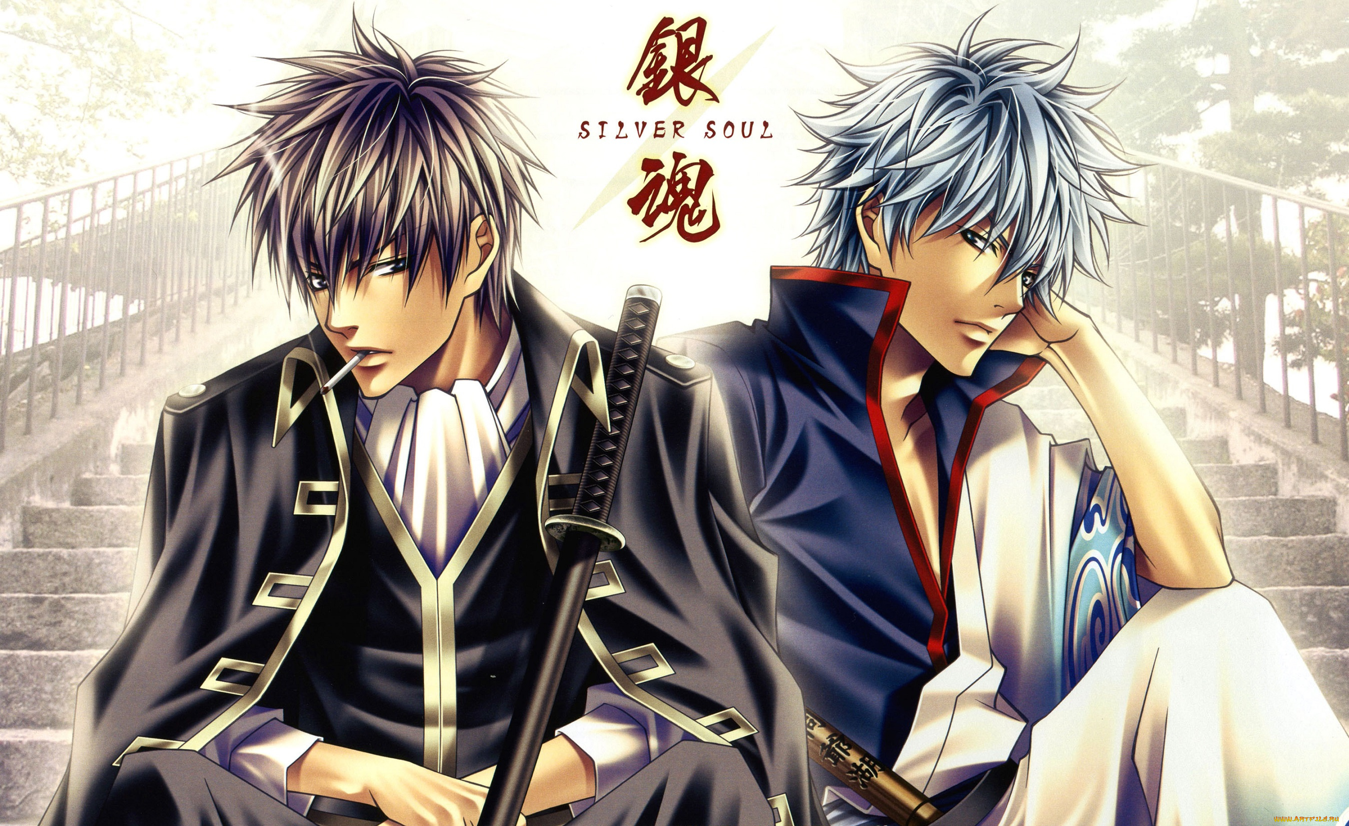 аниме, gintama, сигарета, иероглифы, мечи, hijikata, toushirou, парни, лестница, sakata, gintoki