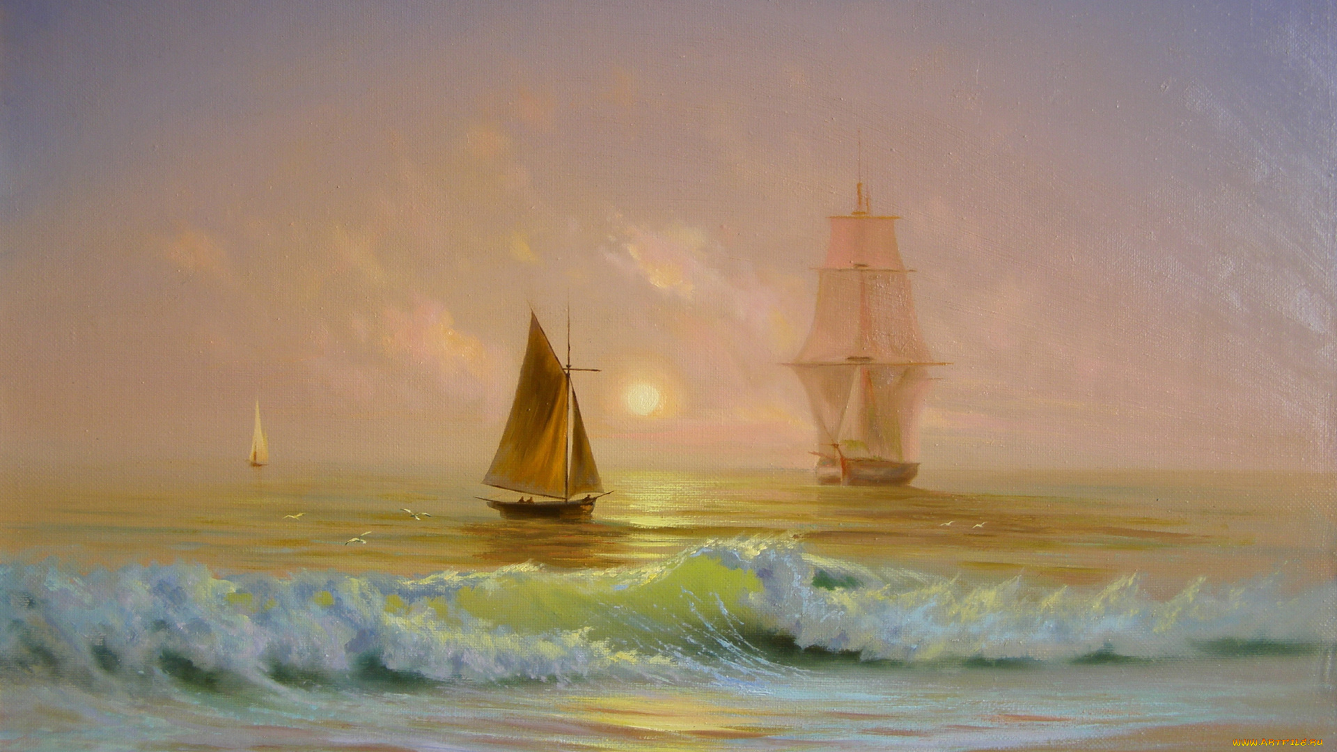 корабли, рисованные, море, волны, небо, солнце, лодки, яхты, парусники, чайки