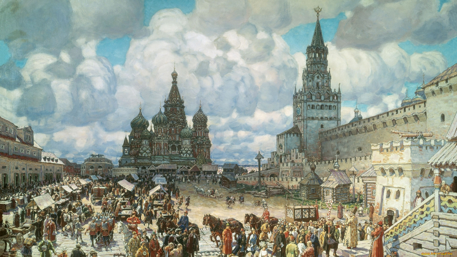 рисованное, города, кремль, рынок, люди, площадь, москва, город, картина