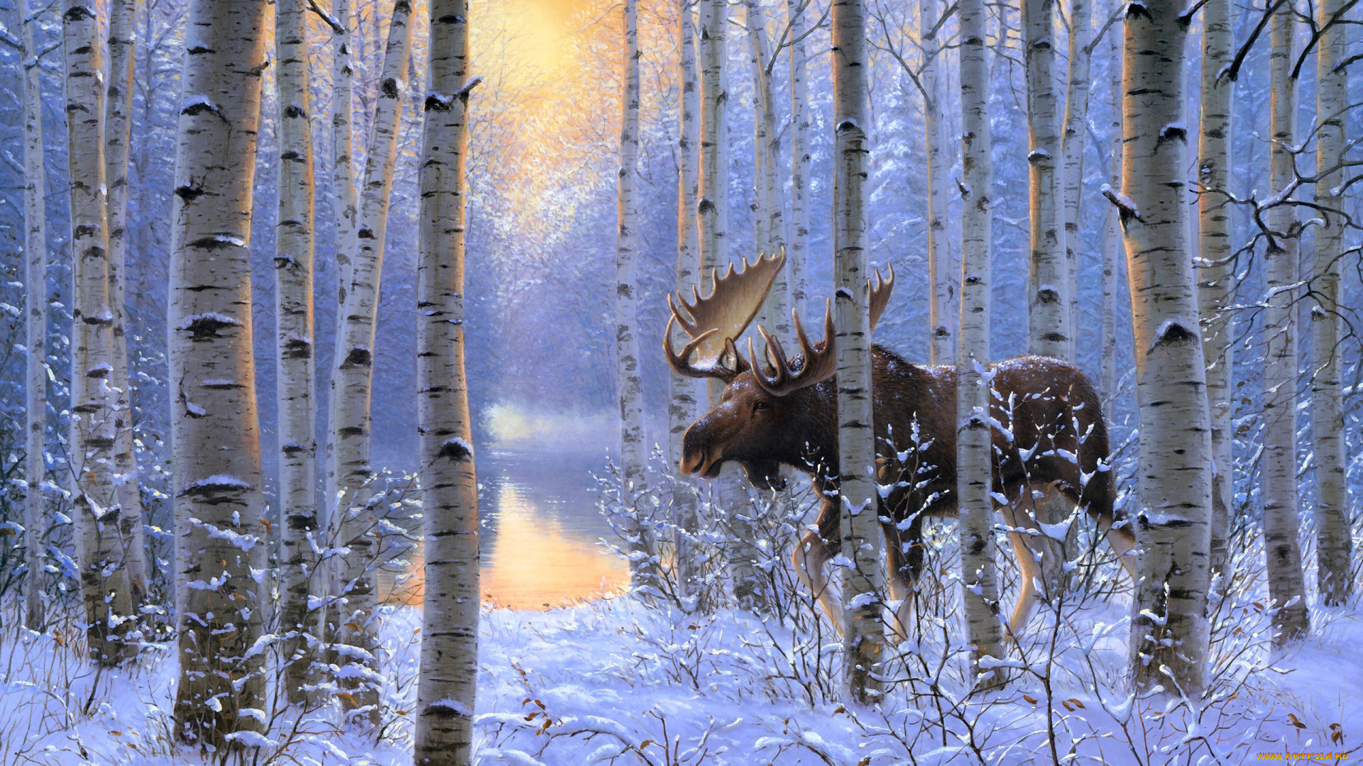 рисованное, животные, берёзы, деревья, снег, зима, зверь, лес, лось