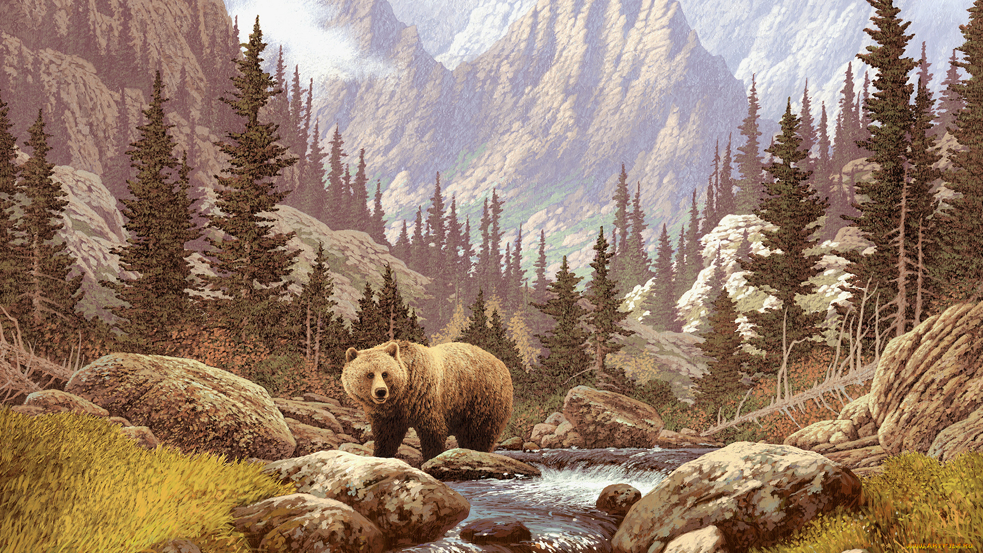 рисованное, животные, горы, река, медведь, бурый, лес, хищник