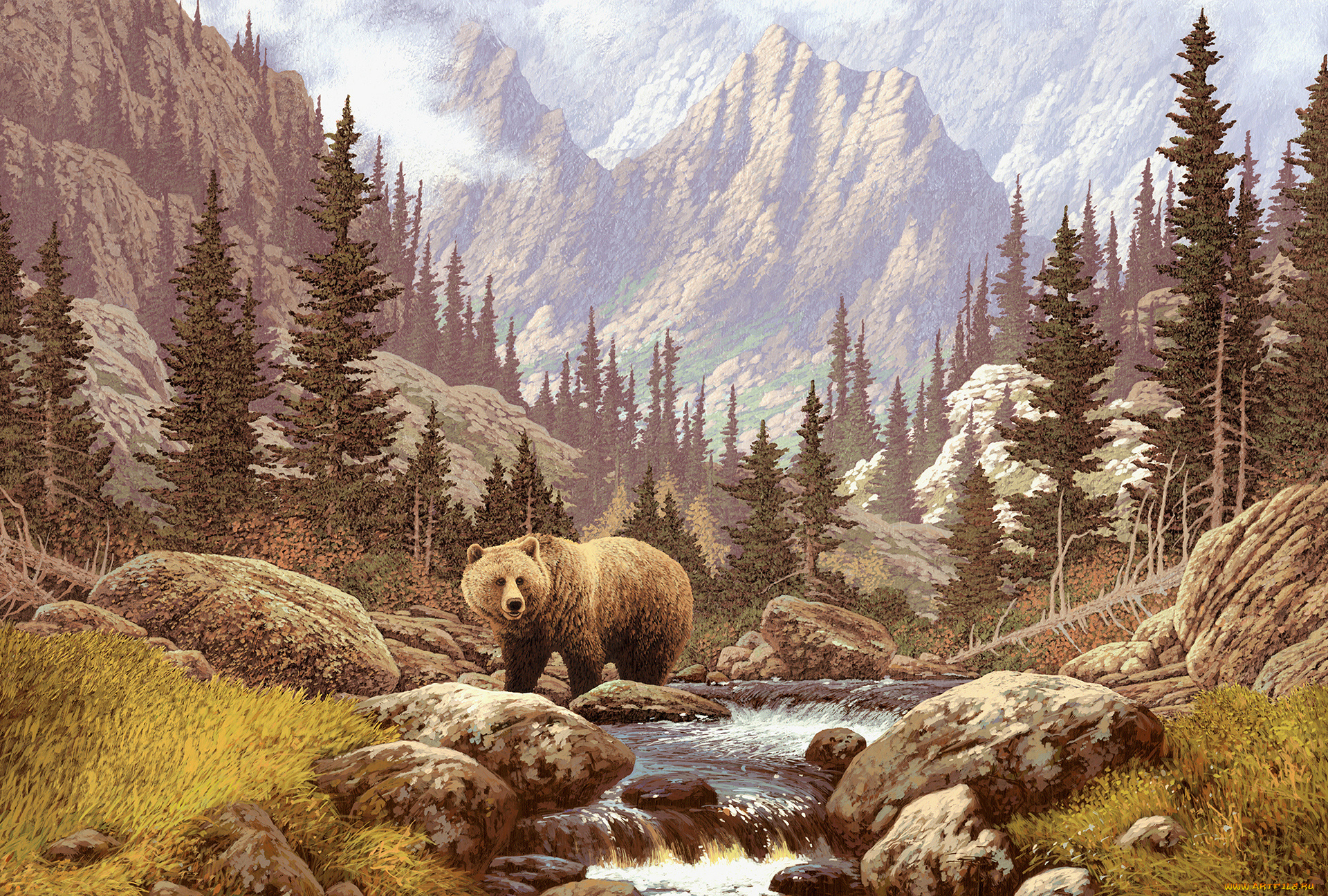 рисованное, животные, горы, река, медведь, бурый, лес, хищник