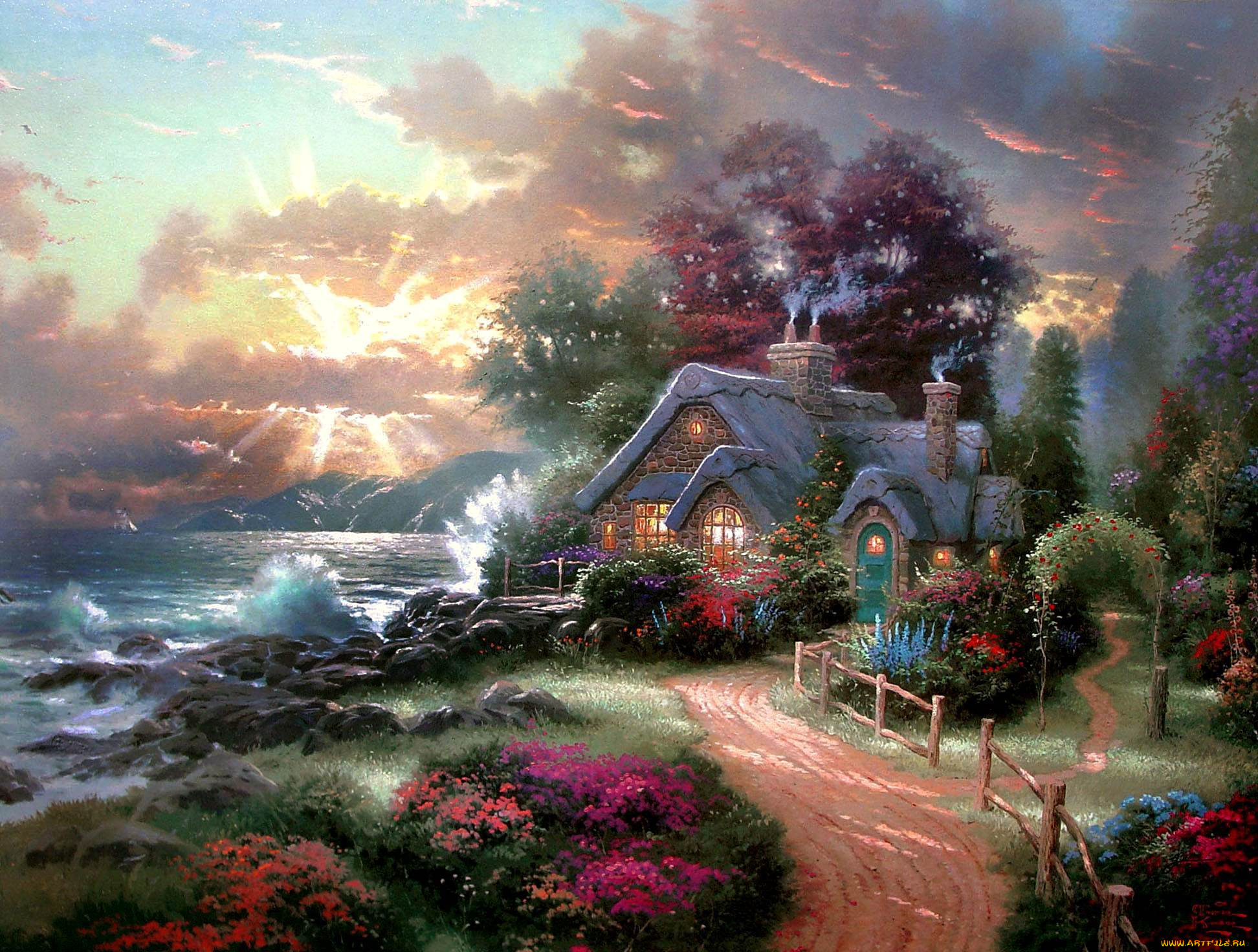 рисованное, живопись, море, берег, волны, дом, свет, дым, труба, цветы, тропинка