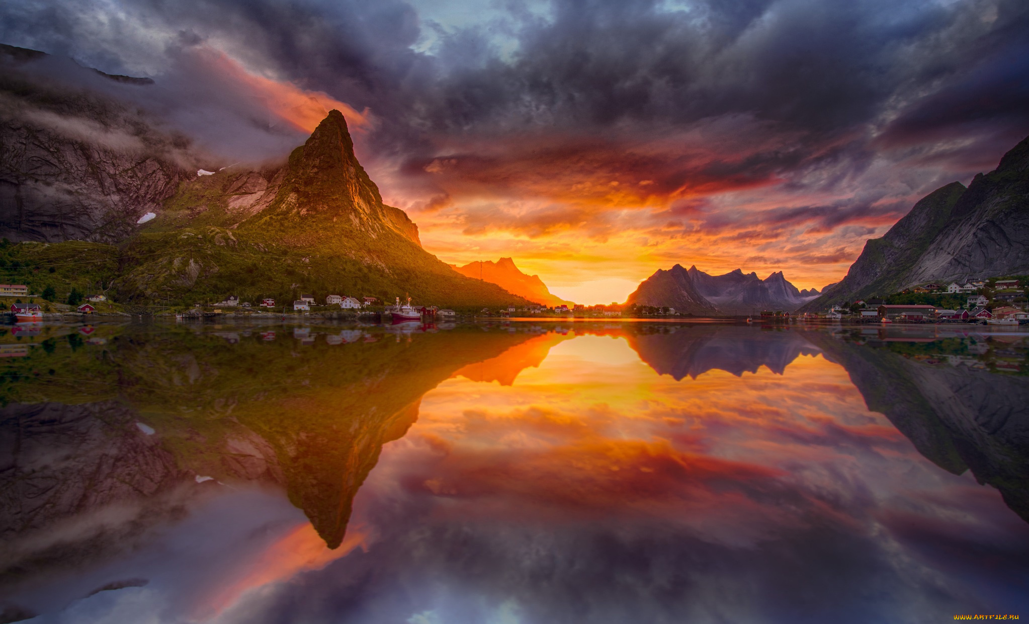 природа, восходы, закаты, норвегия, горы, утро, отражения