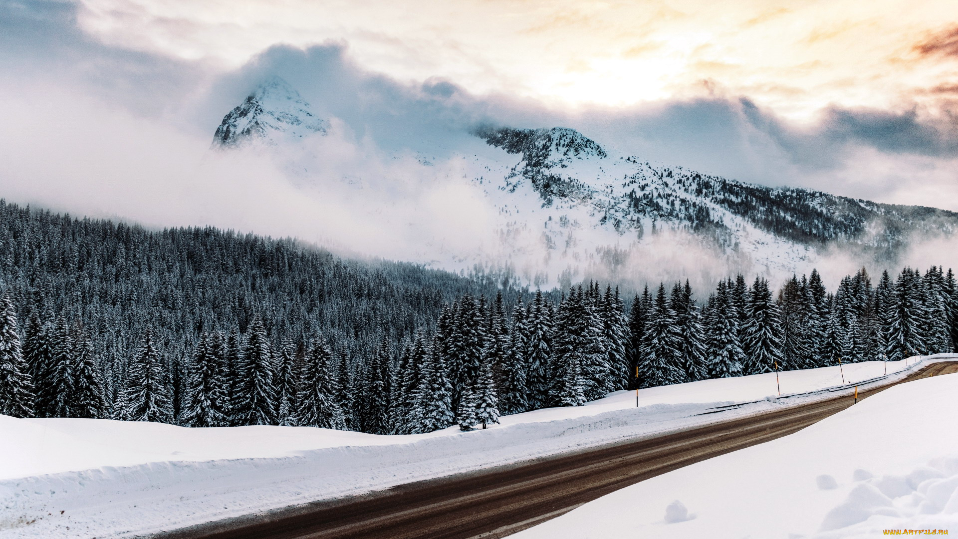 природа, дороги, дорога, туман, горы, снег, зима