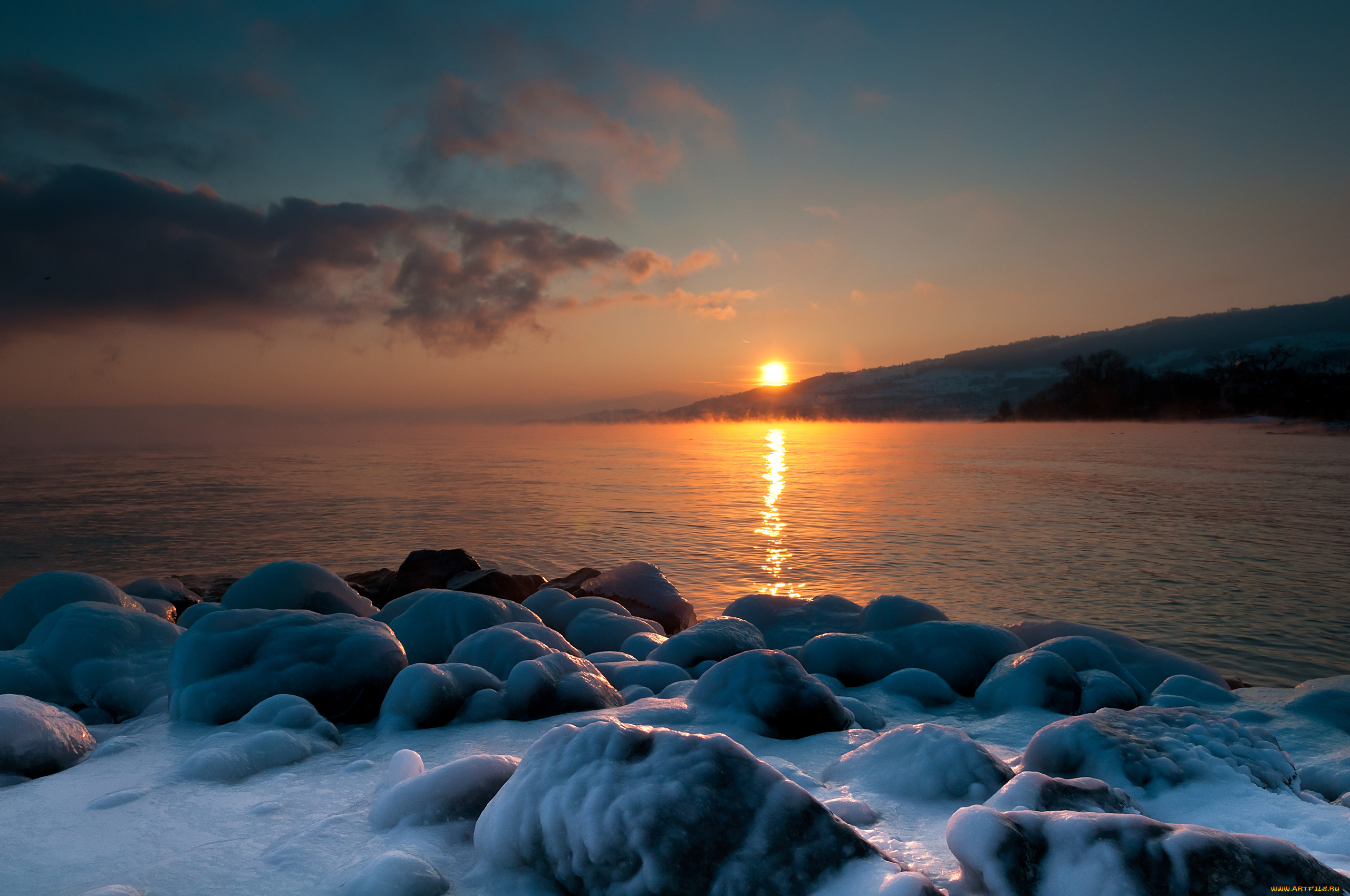 озеро лед глыбы солнце закат загрузить