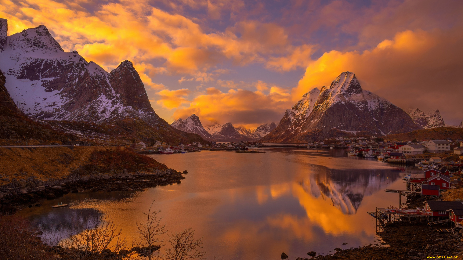природа, реки, озера, свет, вечер, горы, городок, поселение, архипелаг, норвегия