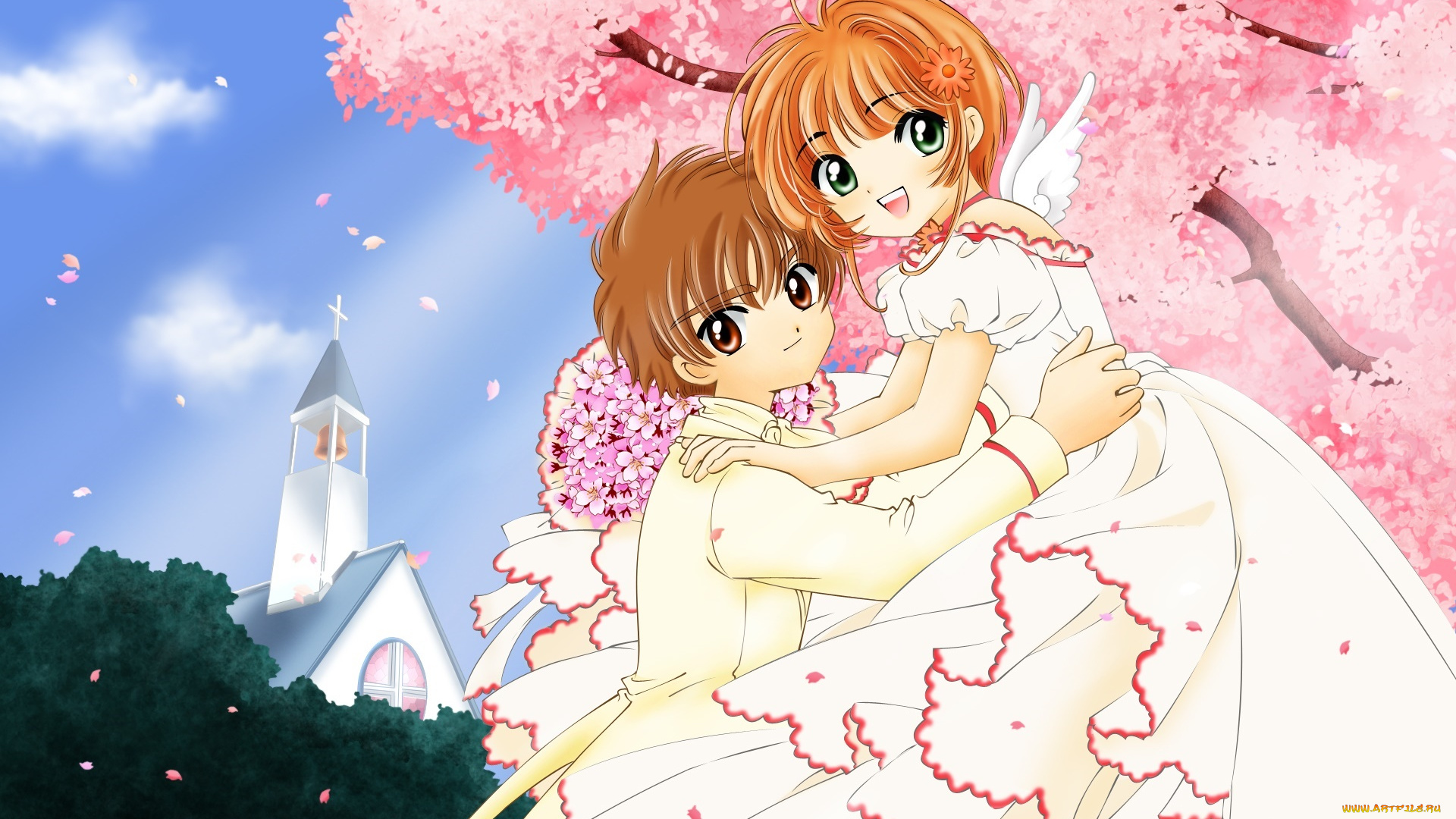 аниме, card, captor, sakura, взгляд, девушка, парень, фон