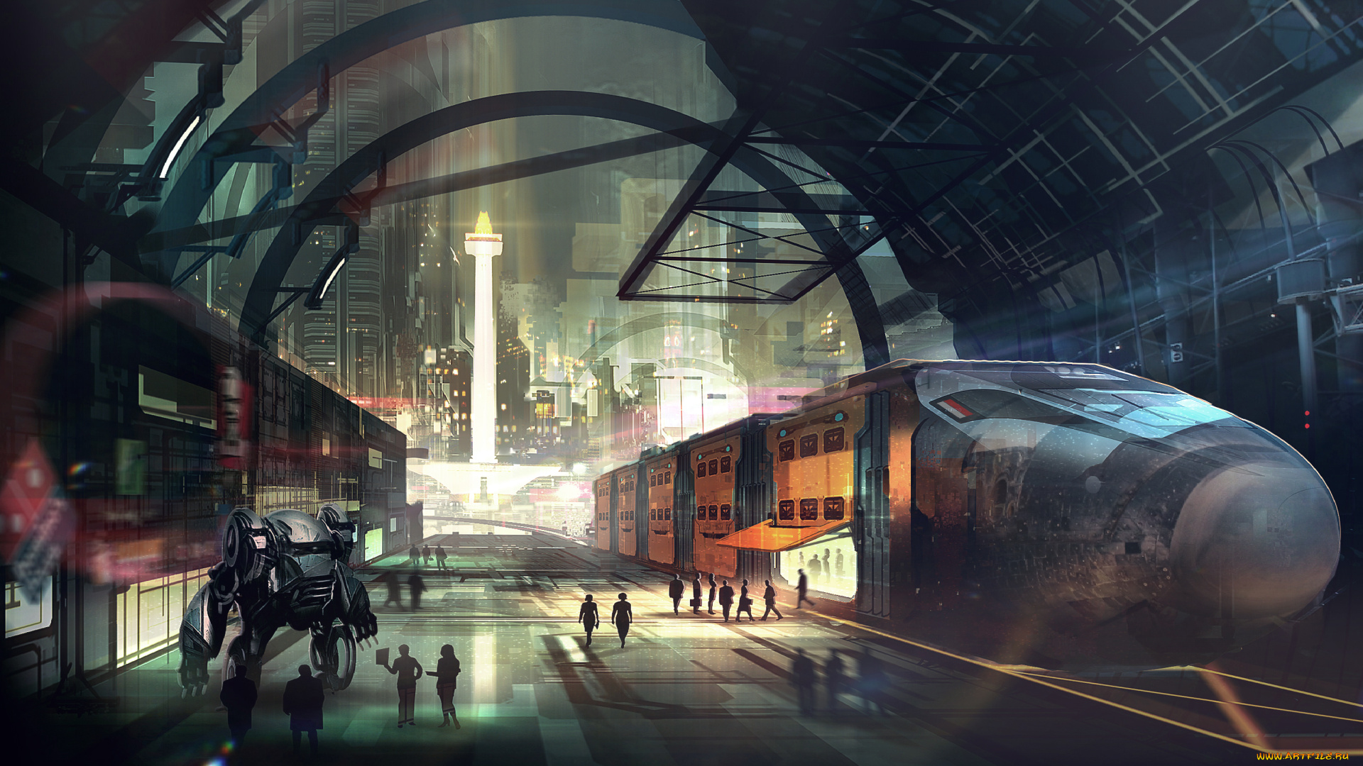 фэнтези, транспортные, средства, робот, мегаполис, вокзал, поезд, будущее