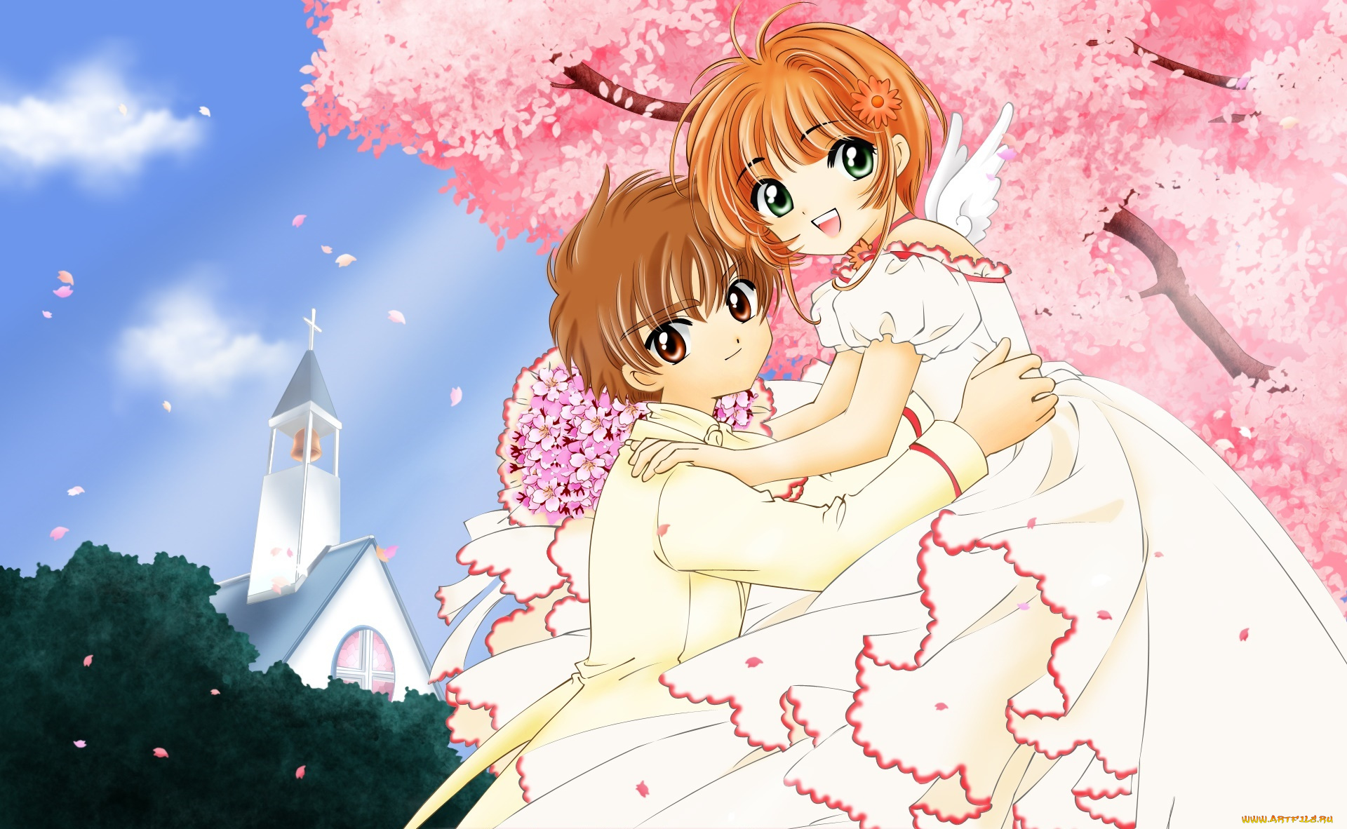 аниме, card, captor, sakura, взгляд, девушка, парень, фон