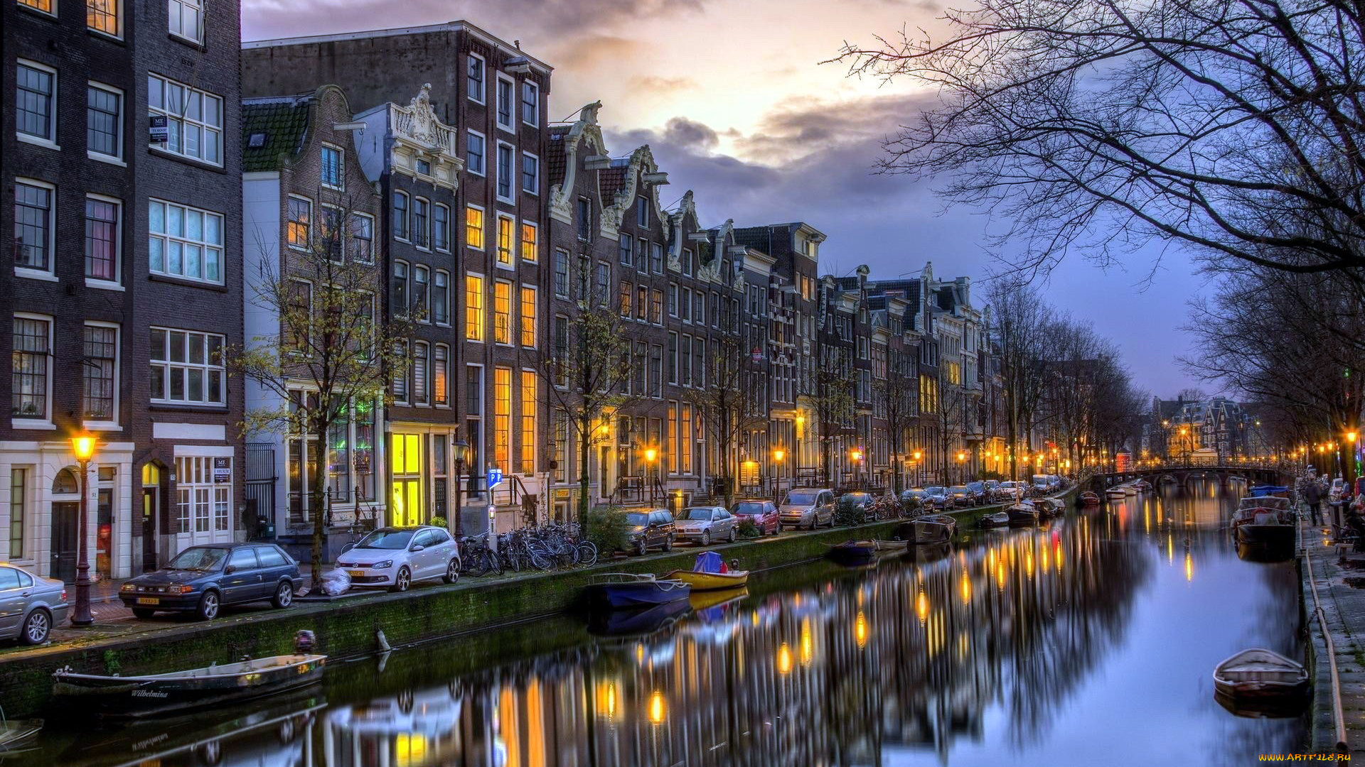 города, амстердам, , нидерланды, фонари, лодки, дома, вечер, канал