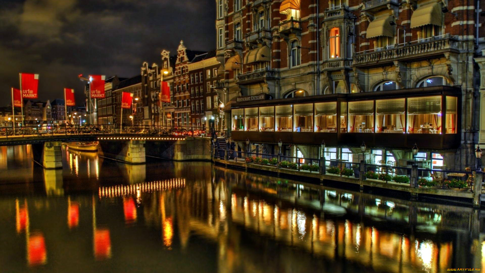 города, амстердам, , нидерланды, канал, ночь