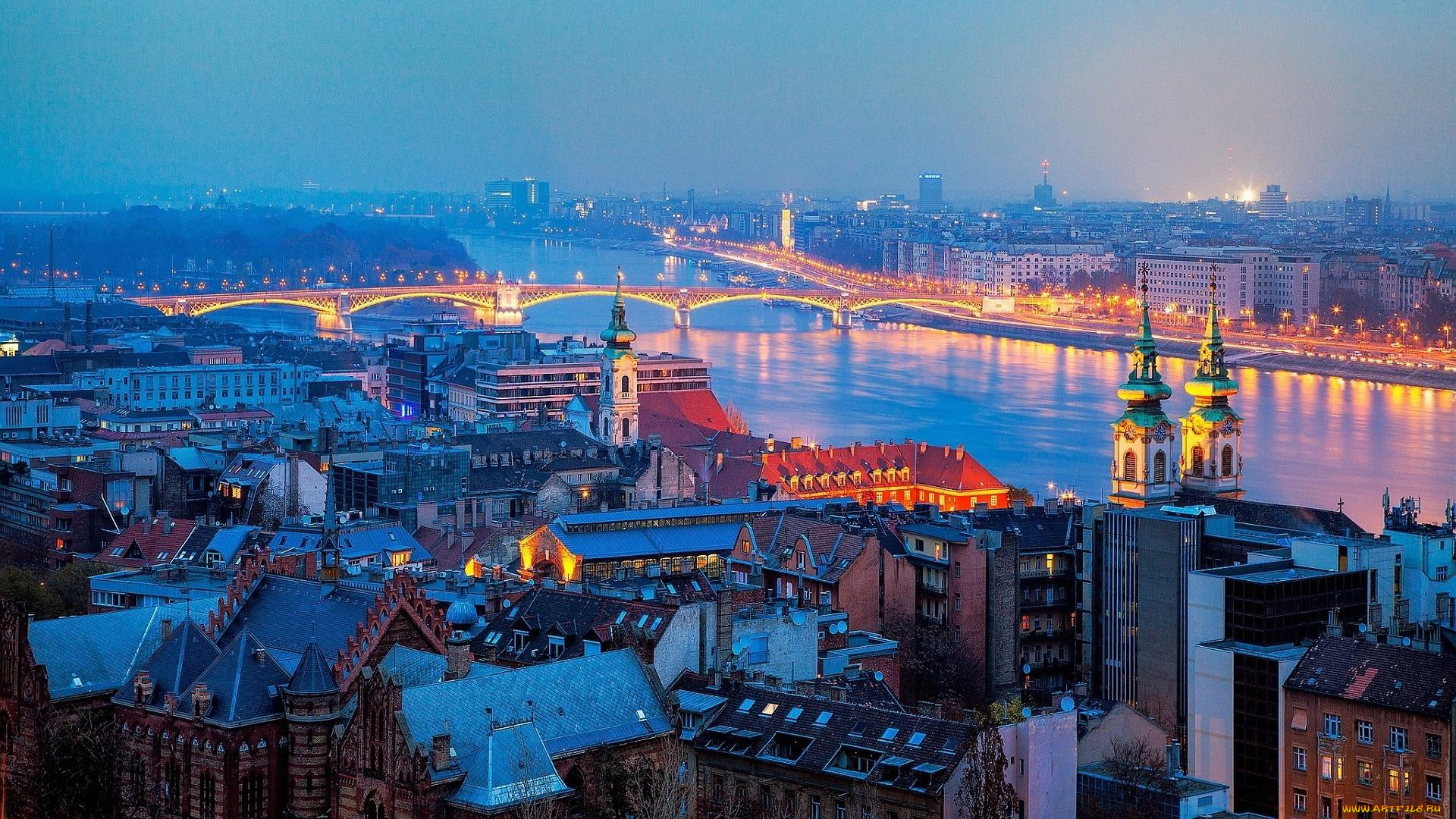 города, будапешт, , венгрия, крыши, панорама, вечер, мост, река