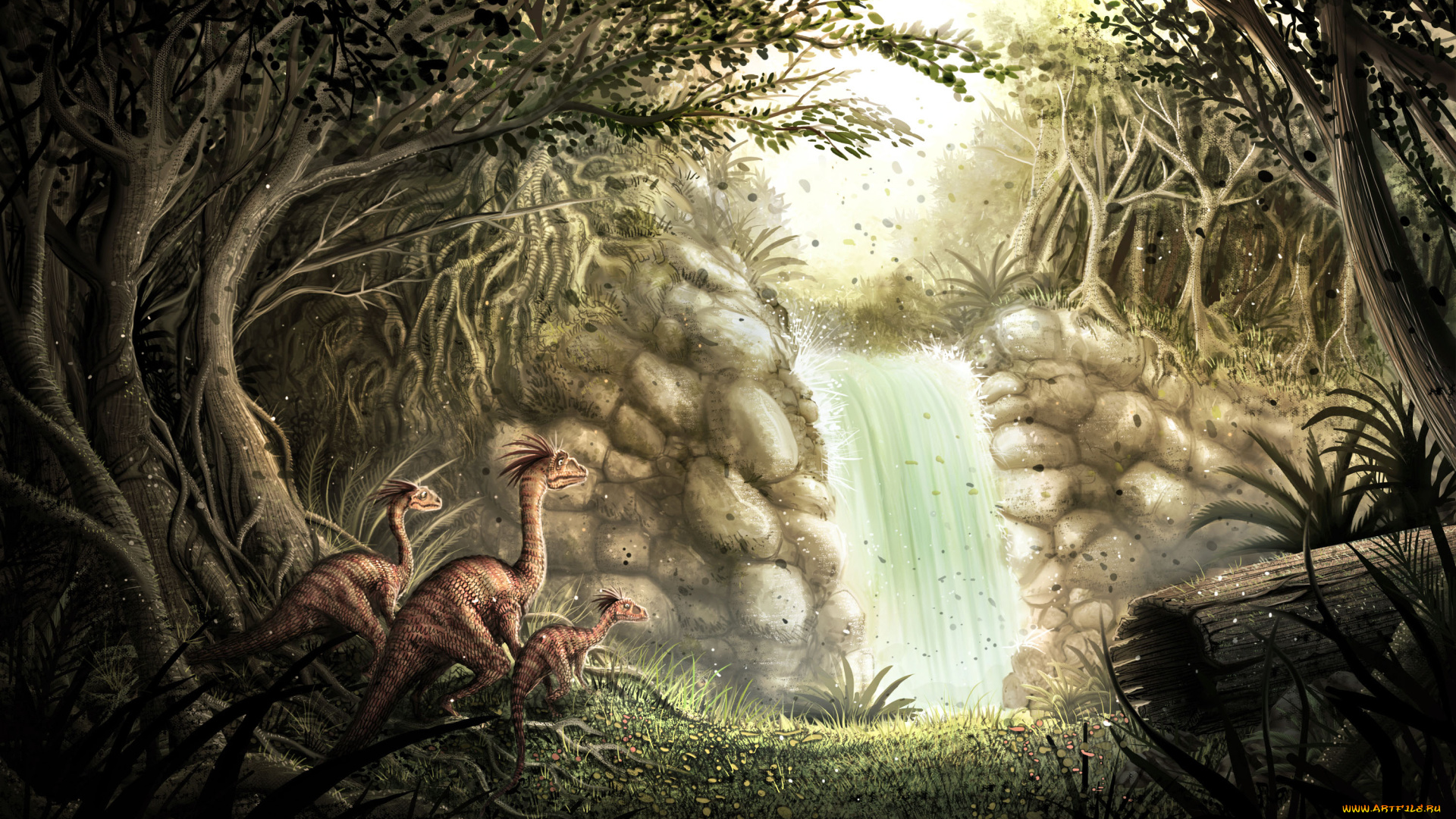 рисованное, животные, , доисторические, динозавры, водопад, джунгли, лес