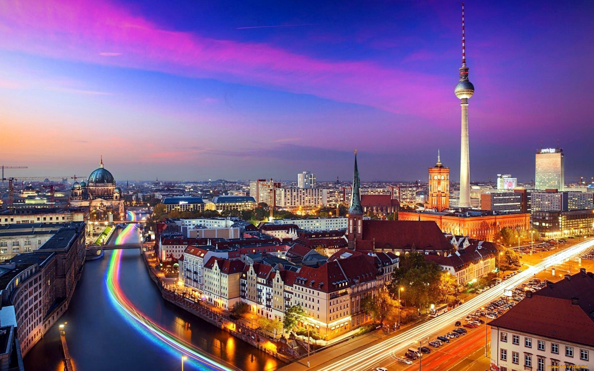 города, берлин, , германия, вечер, панорама, телевышка, мосты, река
