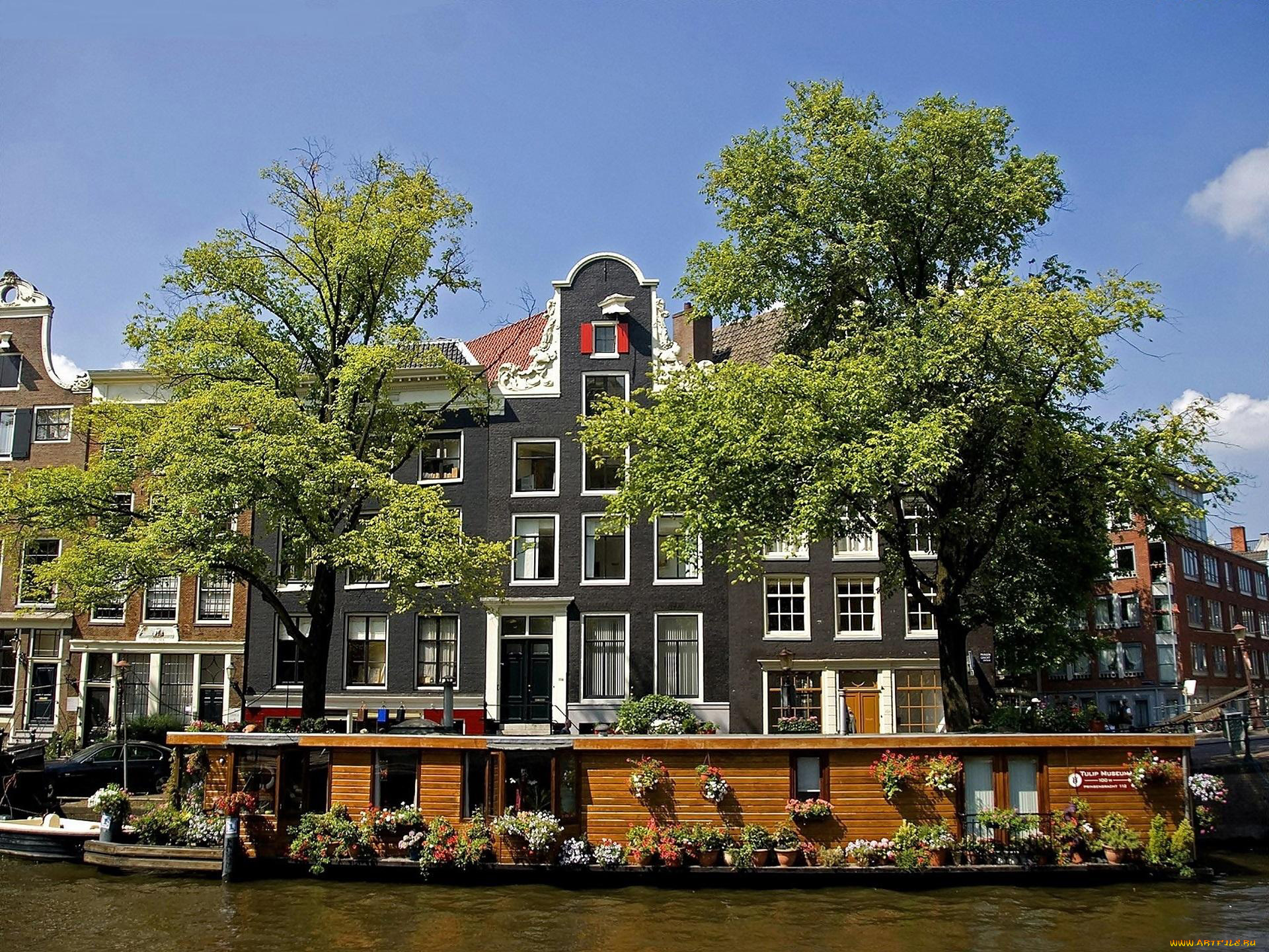 города, амстердам, , нидерланды, цветники, баржа, канал