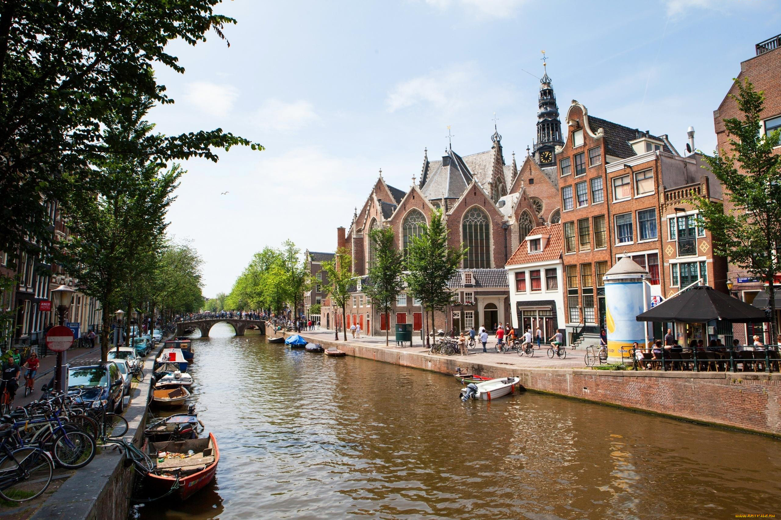 города, амстердам, , нидерланды, велосипеды, лодки, мост, канал