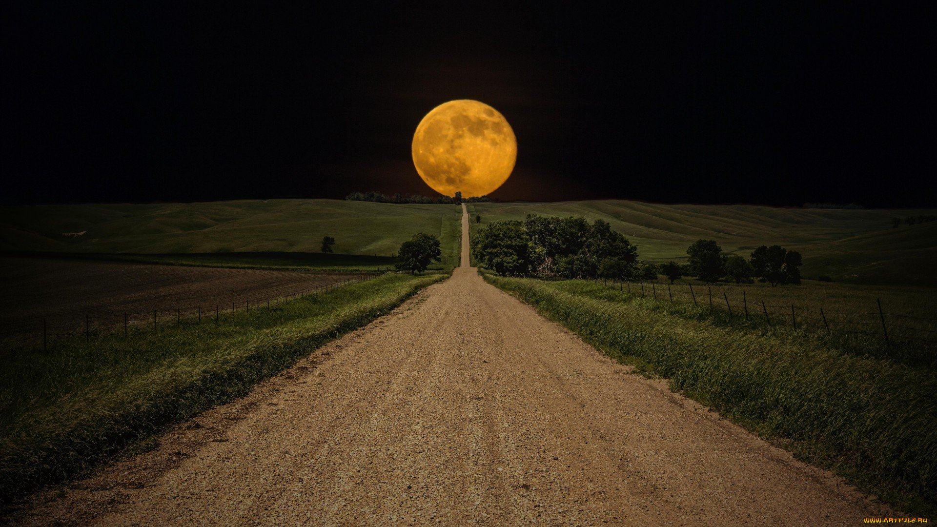 природа, дороги, луна, проселочная, дорога, ночь