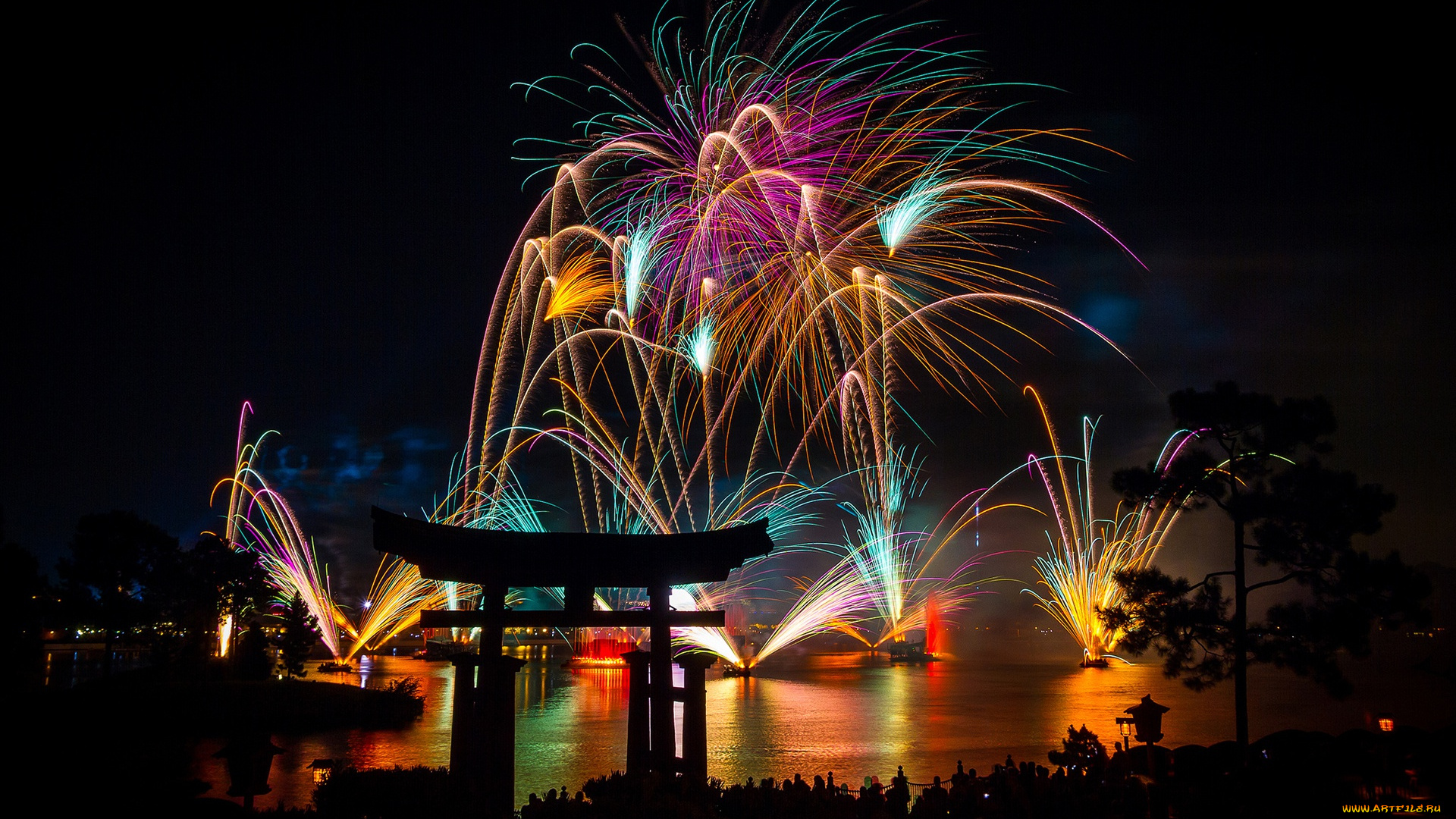 разное, салюты, , фейерверки, lights, fireworks, night, torii, pines, new, year, asia