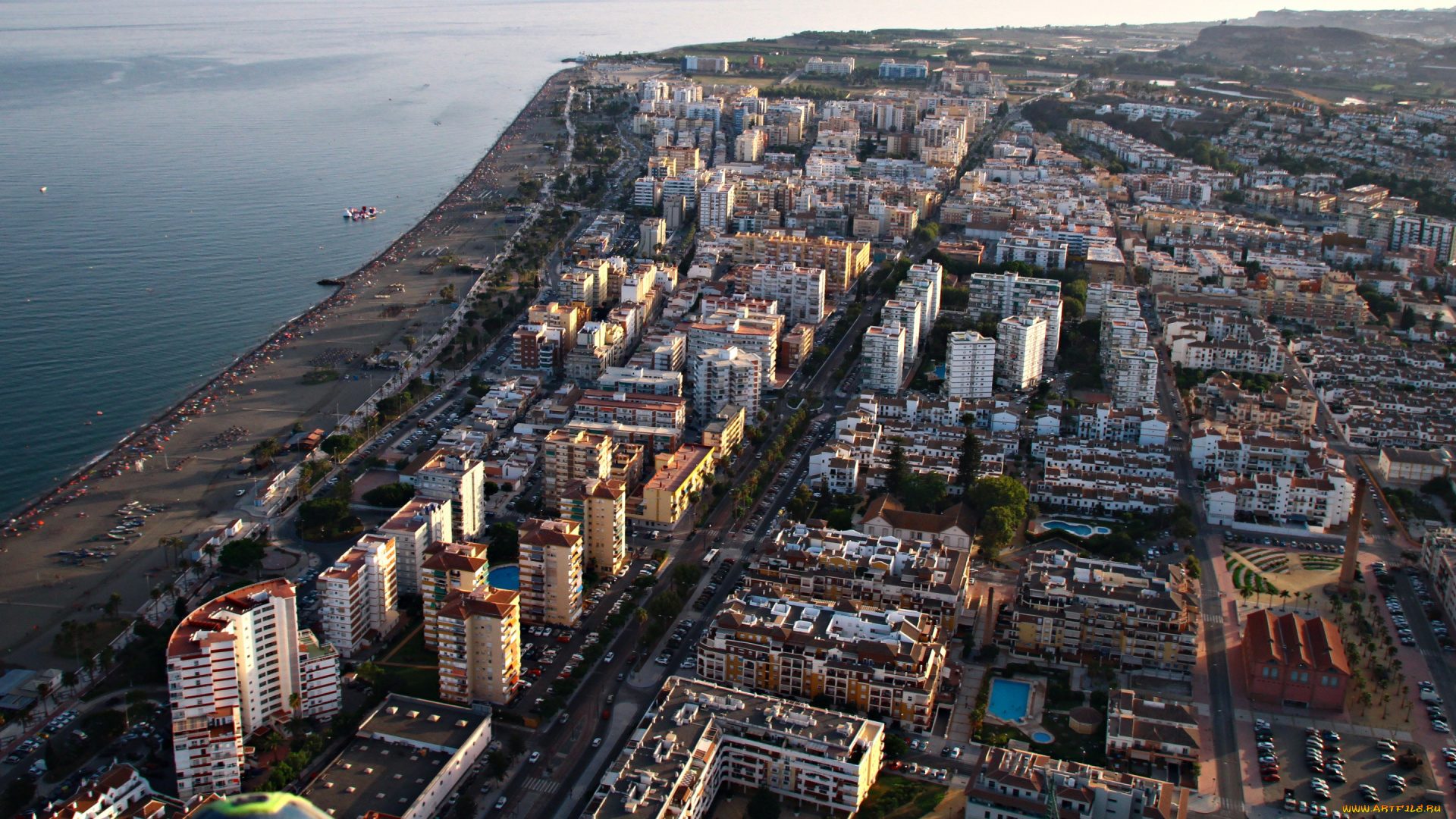 города, -, панорамы, велес-малага, торре, дель, мар, вид, с, высоты, вечер, закат, малага, андалусия, испания