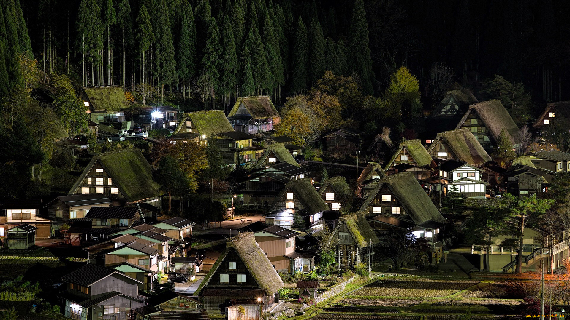 shirakawa, village, japan, города, -, огни, ночного, города, hirakawa, village