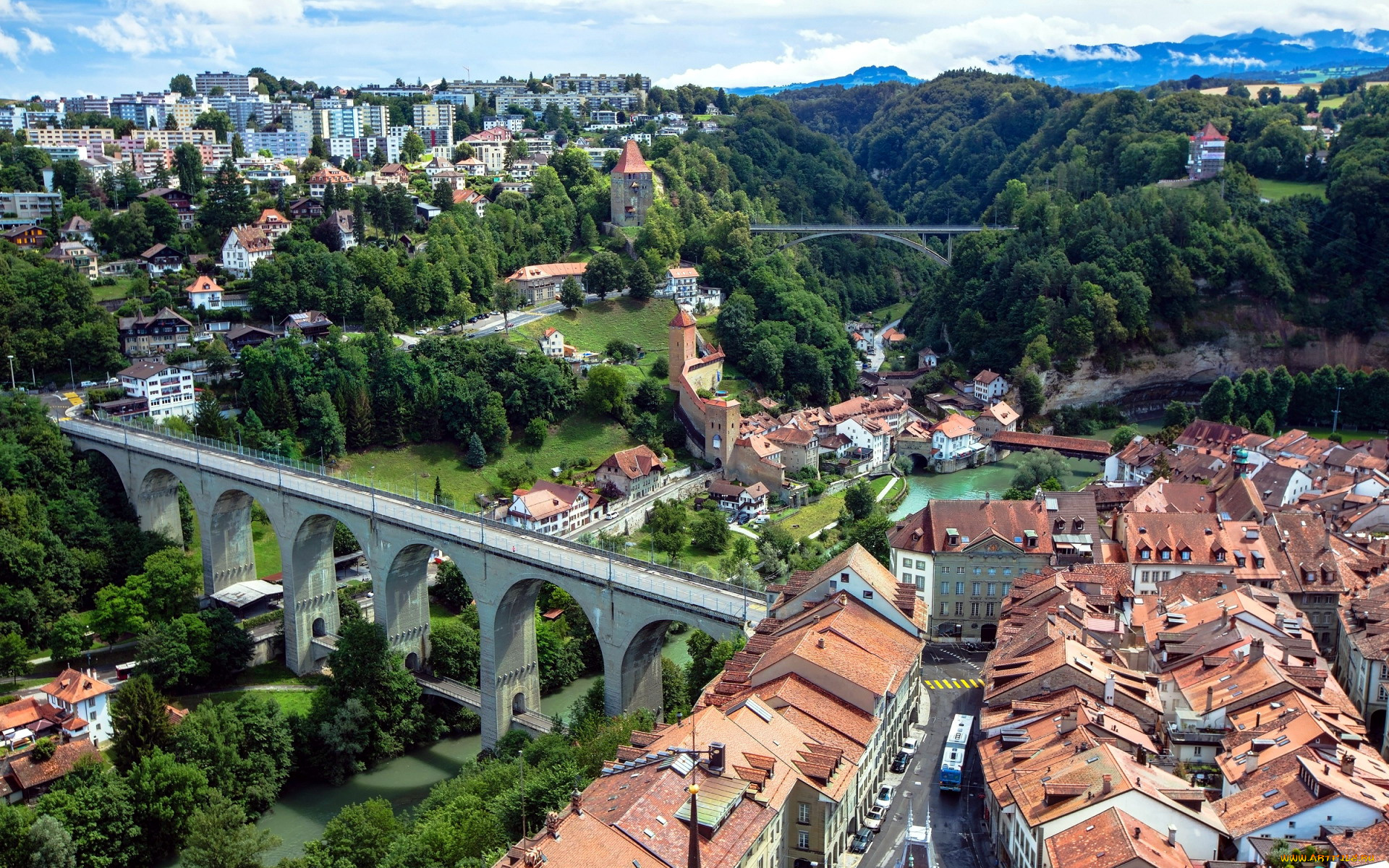 switzerland, , fribourg, города, -, панорамы, горы, река, мосты, дома