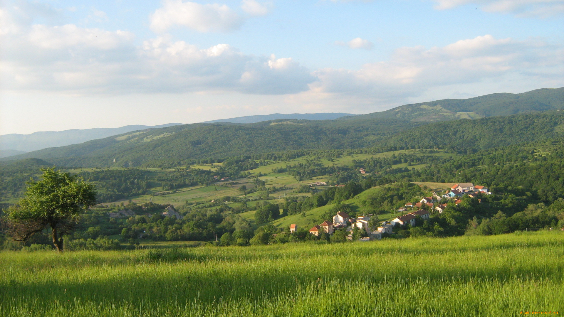 природа, пейзажи, hill, tree, mountain, village