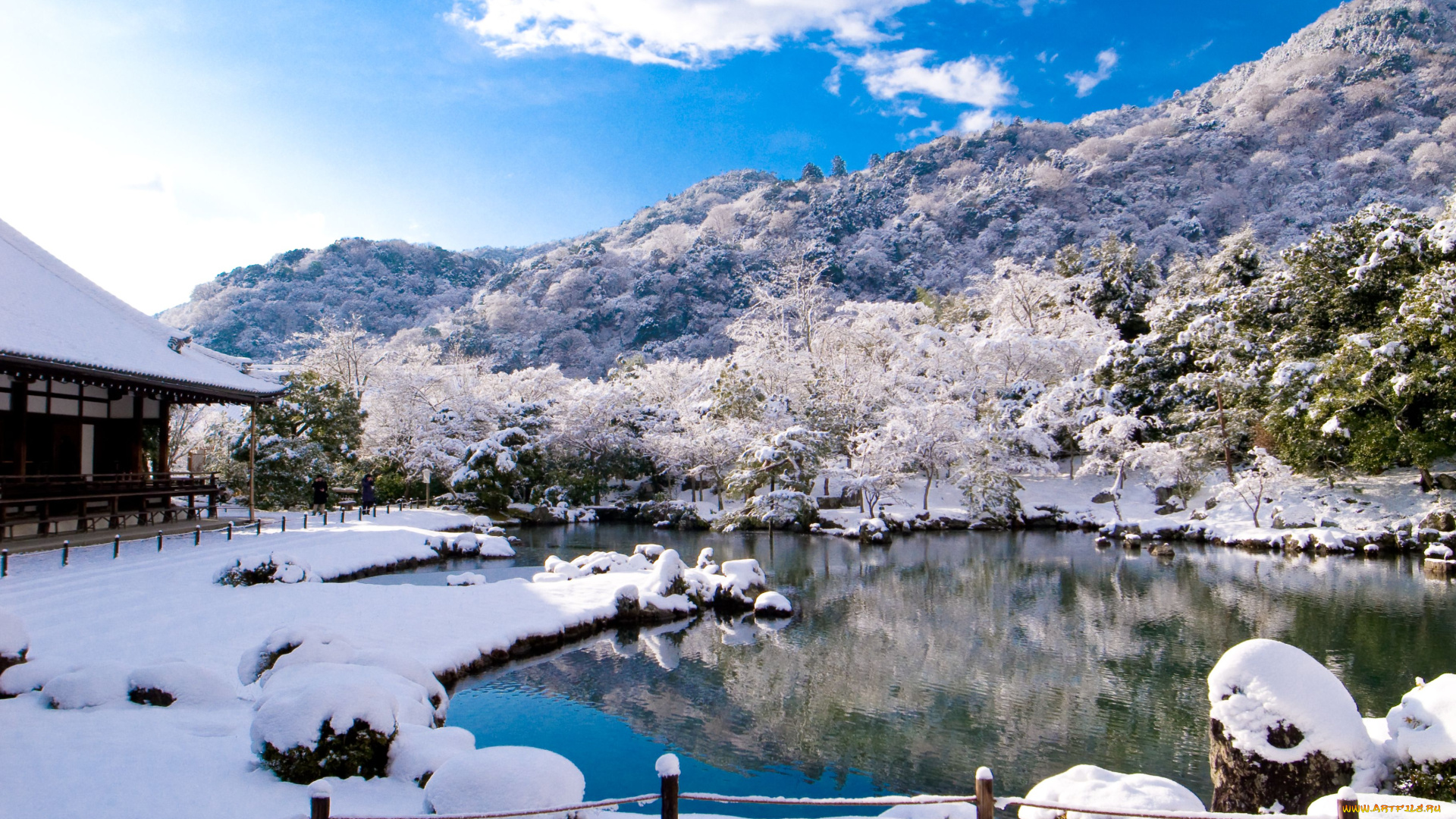 tenryu, ji, temple, kyoto, природа, пейзажи, tenryu-ji, пруд, зима, снег