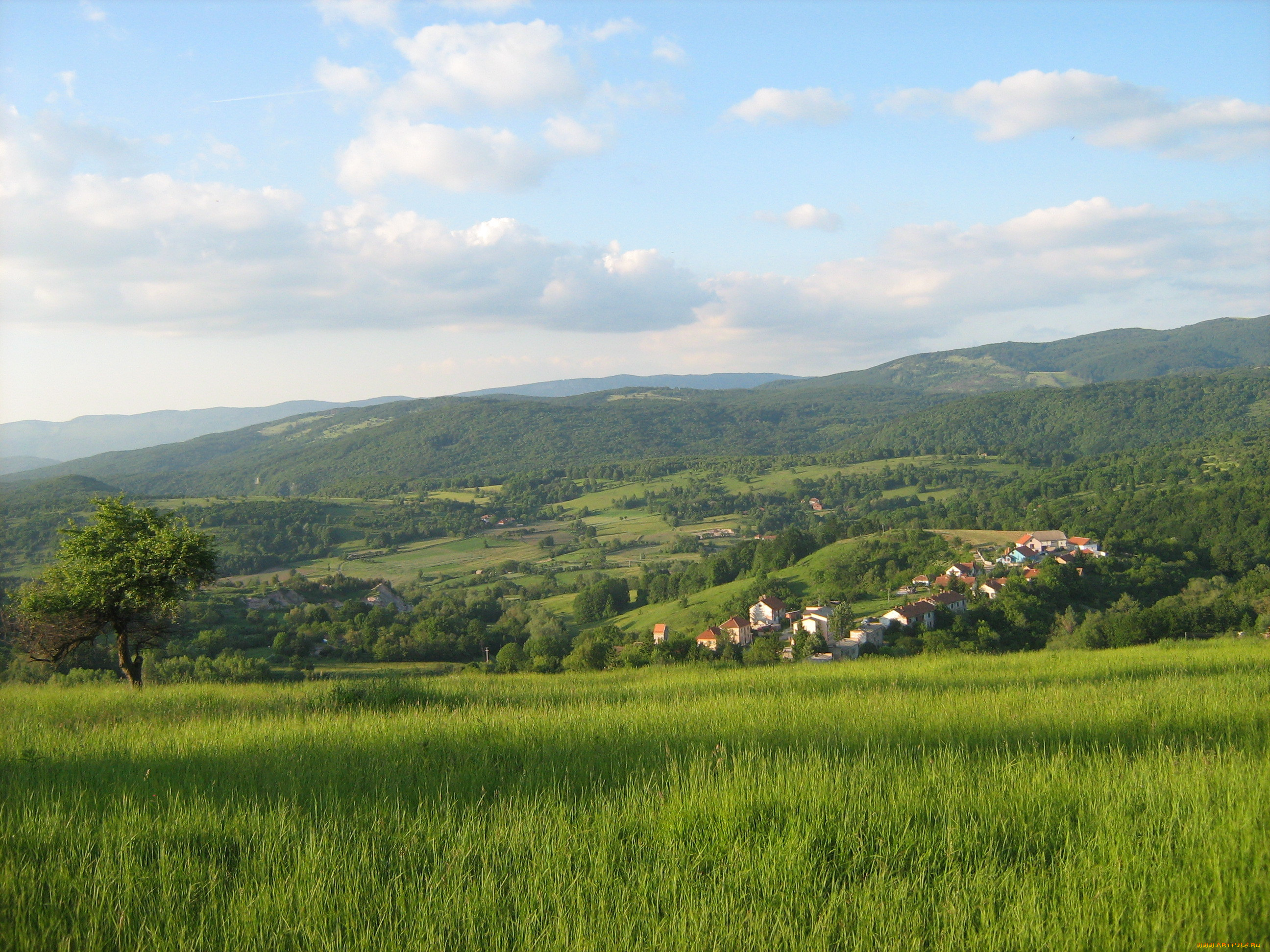 природа, пейзажи, hill, tree, mountain, village