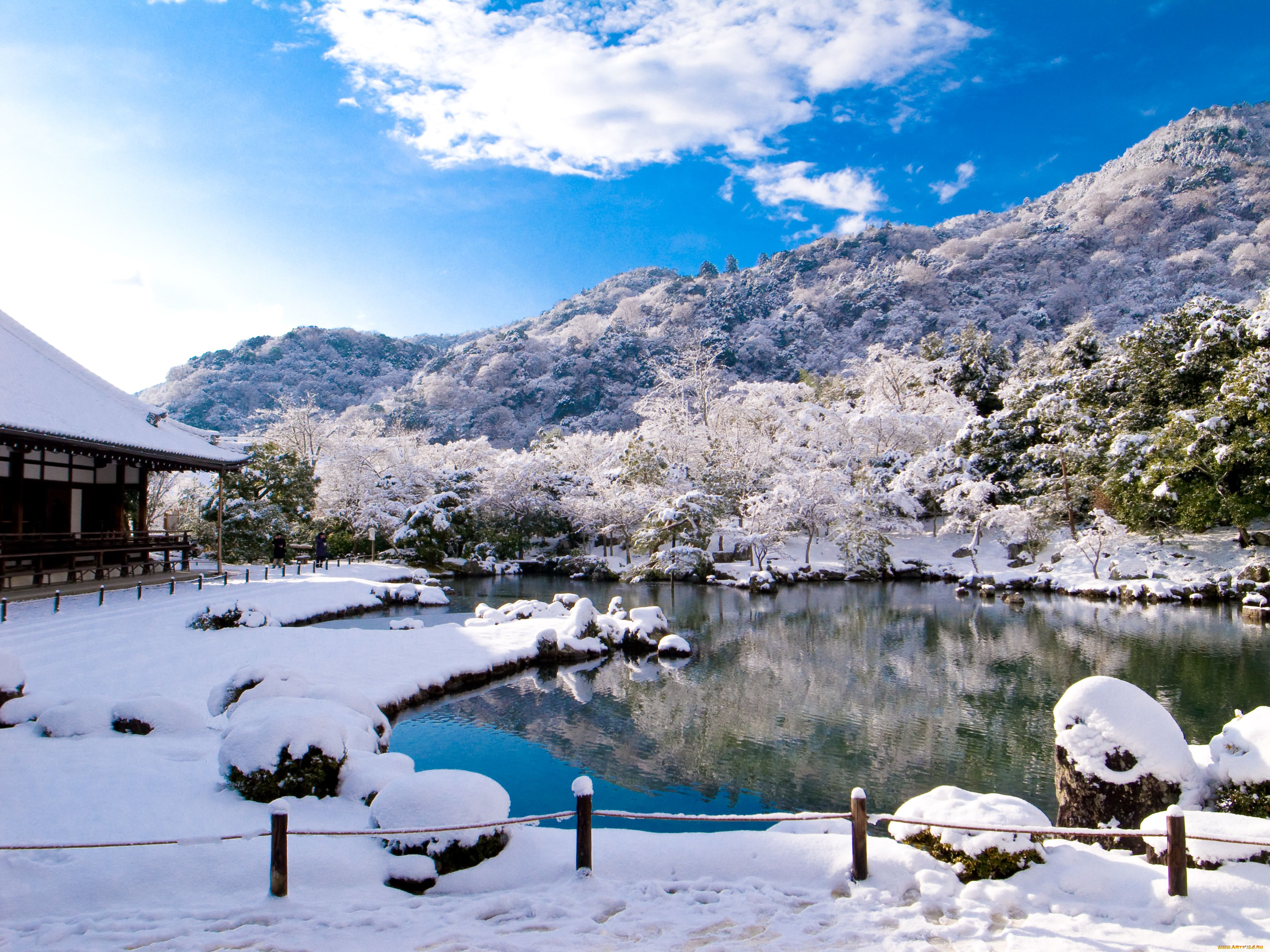 tenryu, ji, temple, kyoto, природа, пейзажи, tenryu-ji, пруд, зима, снег