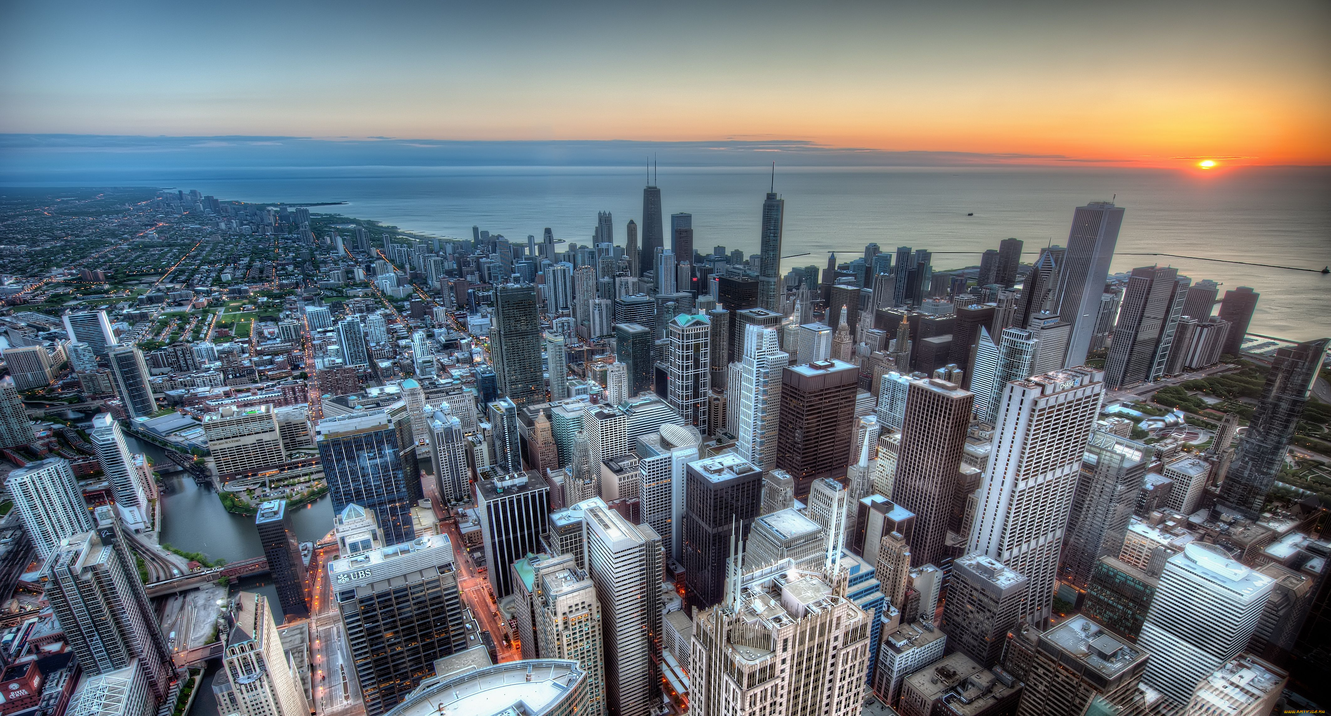 chicago, города, Чикаго, сша, небоскрёбы, здания, панорама, побережье, закат