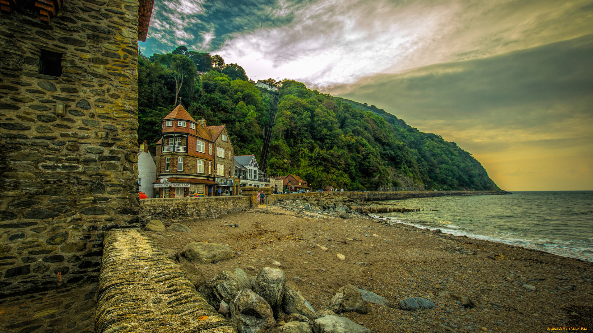 lynmouth, bay, города, -, пейзажи, море, пляж, гора, здание