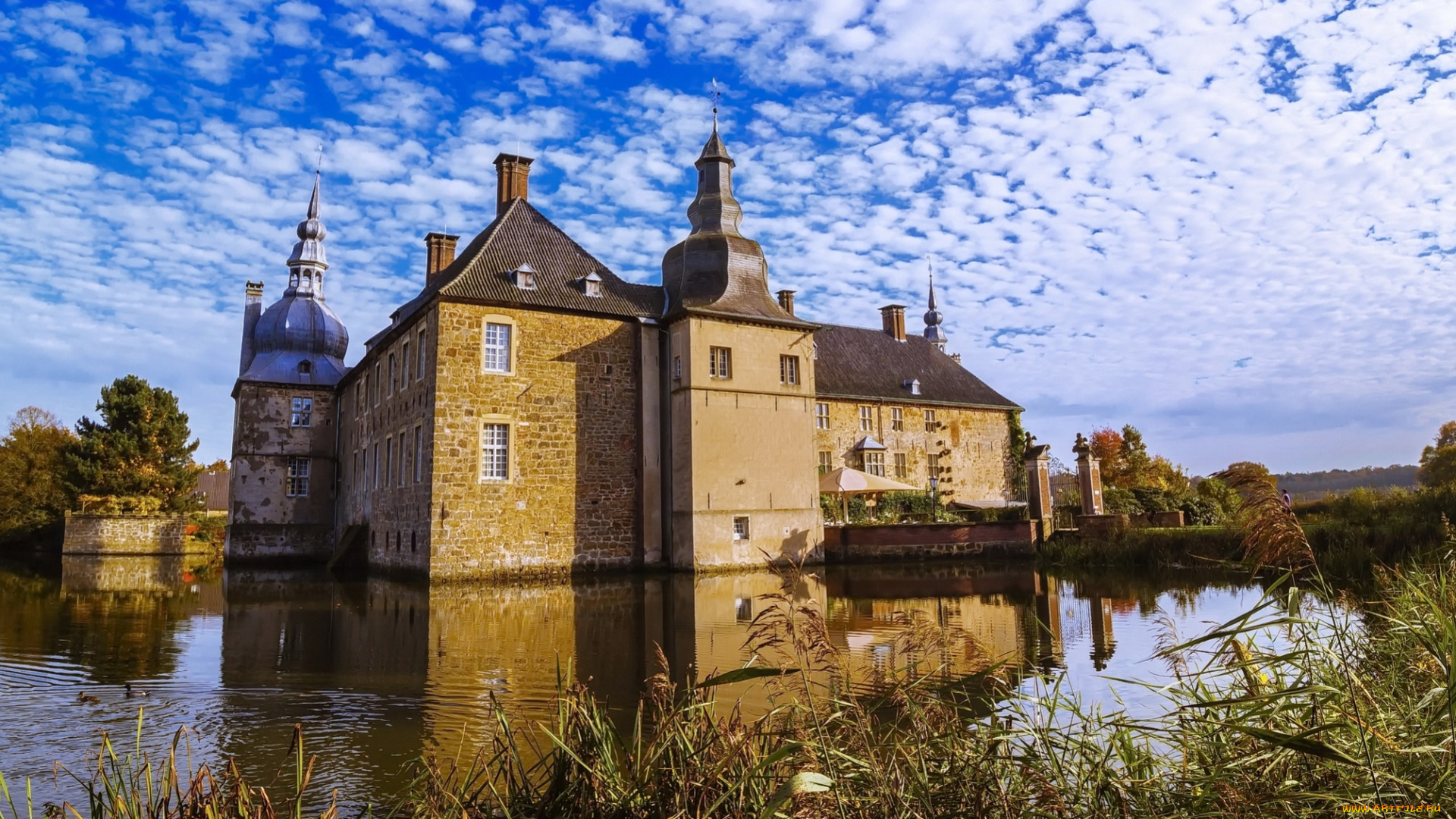 wasserschloss, -, moated, castle, города, замки, германии, пруд, замок