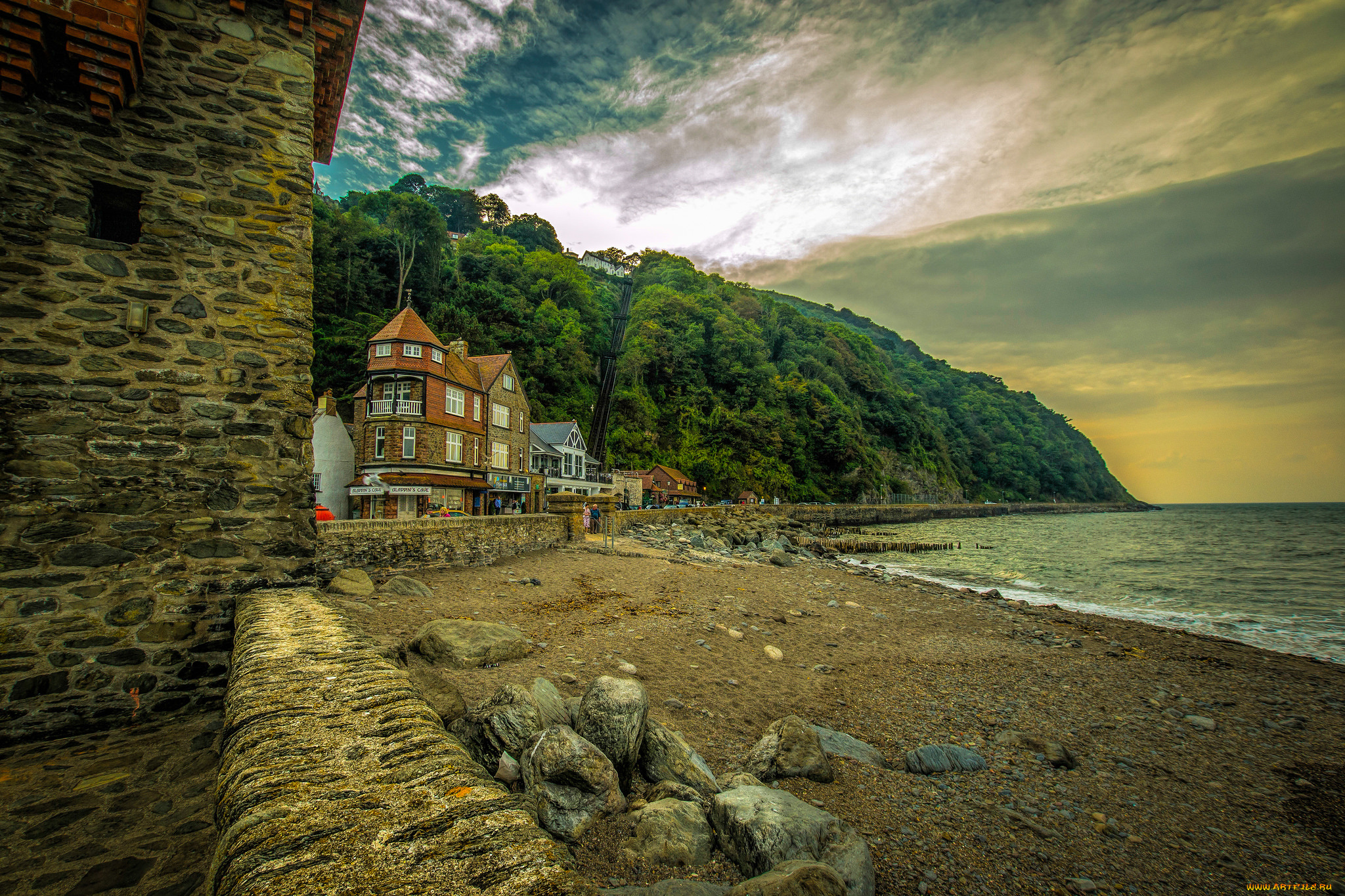 lynmouth, bay, города, -, пейзажи, море, пляж, гора, здание