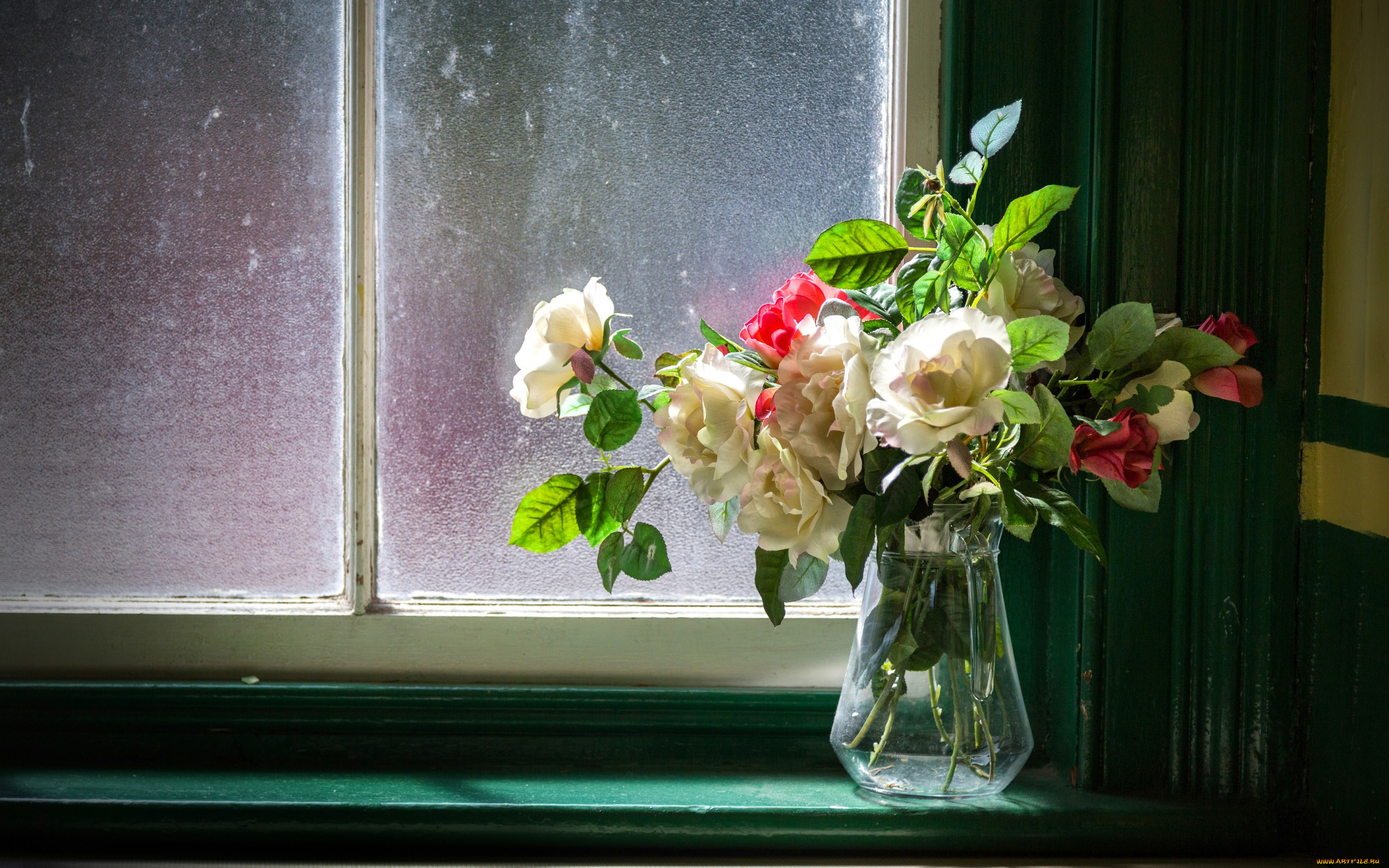 цветы, розы, букет, ваза, окно