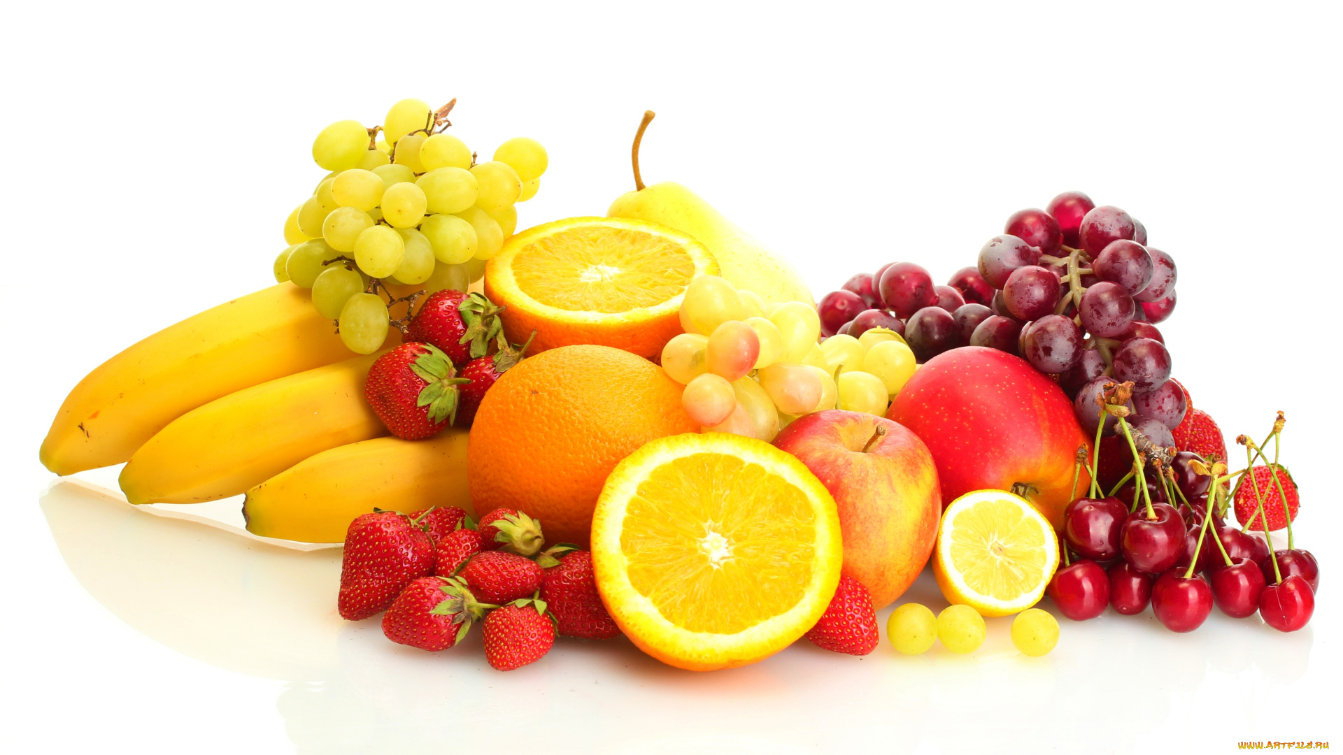 еда, фрукты, ягоды, клубника, черешня, бананы, яблоки, апельсины, виноград