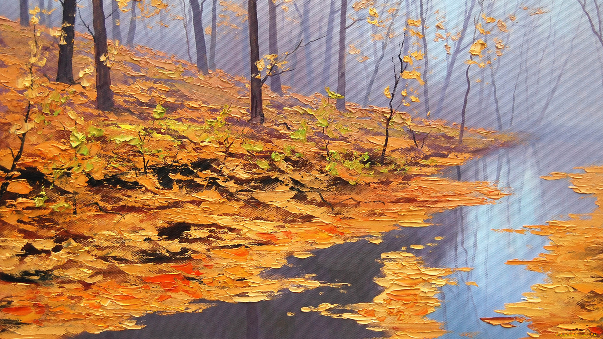 рисованные, graham, gercken, деревья, листья, осень, природа, река