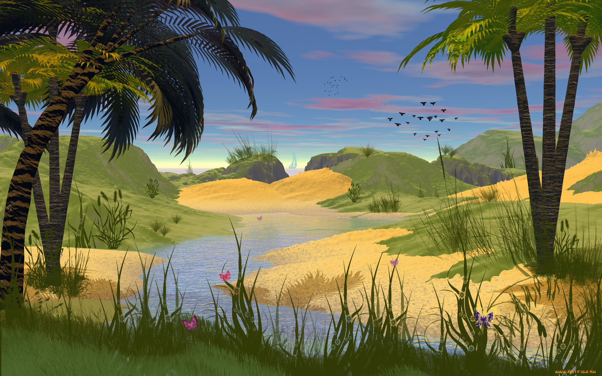 рисованные, природа, пальмы, птицы, трава, облака, вода, песок