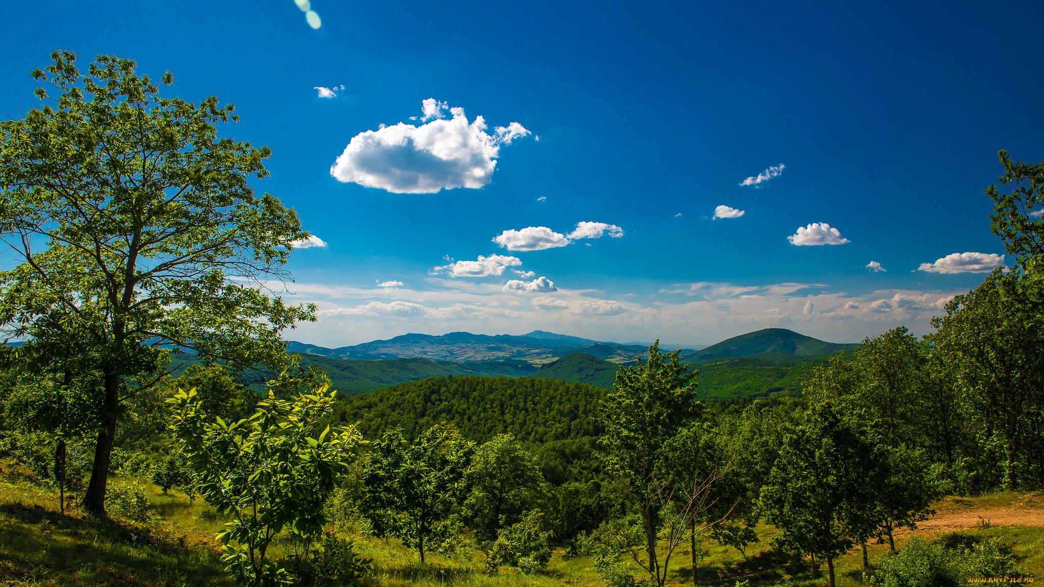 природа, деревья, горы, долина, панорама, пейзаж