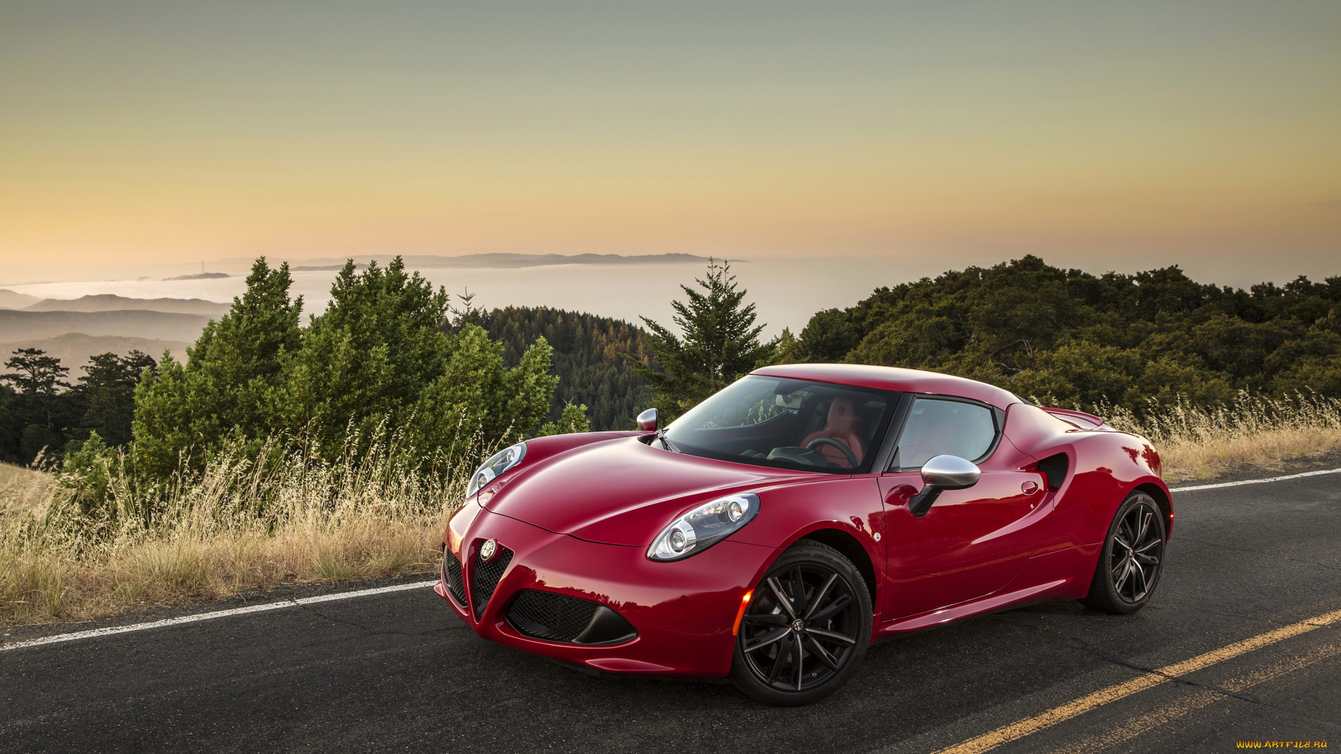 2015, alfa, romeo, 4c, автомобили, alfa, romeo, закат, alfa, romeo, дорога, красный