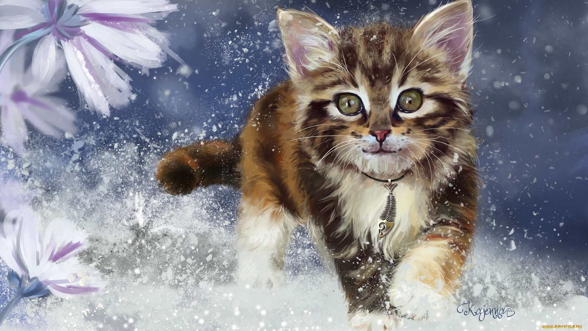 рисованные, животные, , коты, взгляд, котенок, снег, ушки