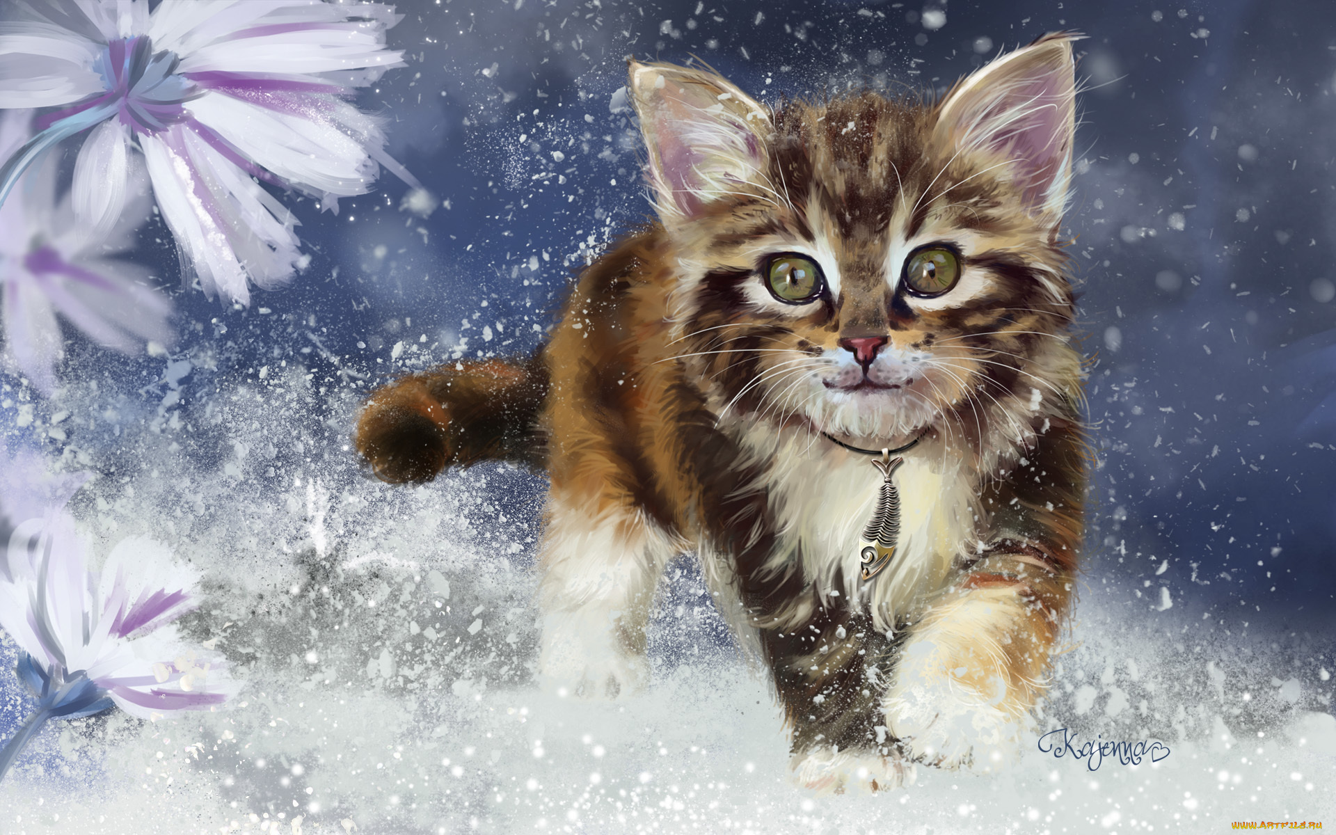 рисованные, животные, , коты, взгляд, котенок, снег, ушки