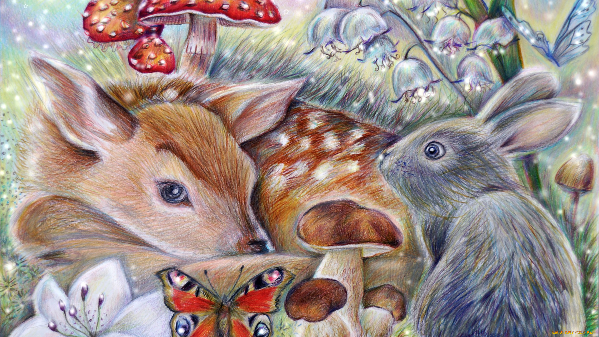 рисованное, животные, thumper, bambi, кролик, арт, олененок, бемби, бабочка, гриб