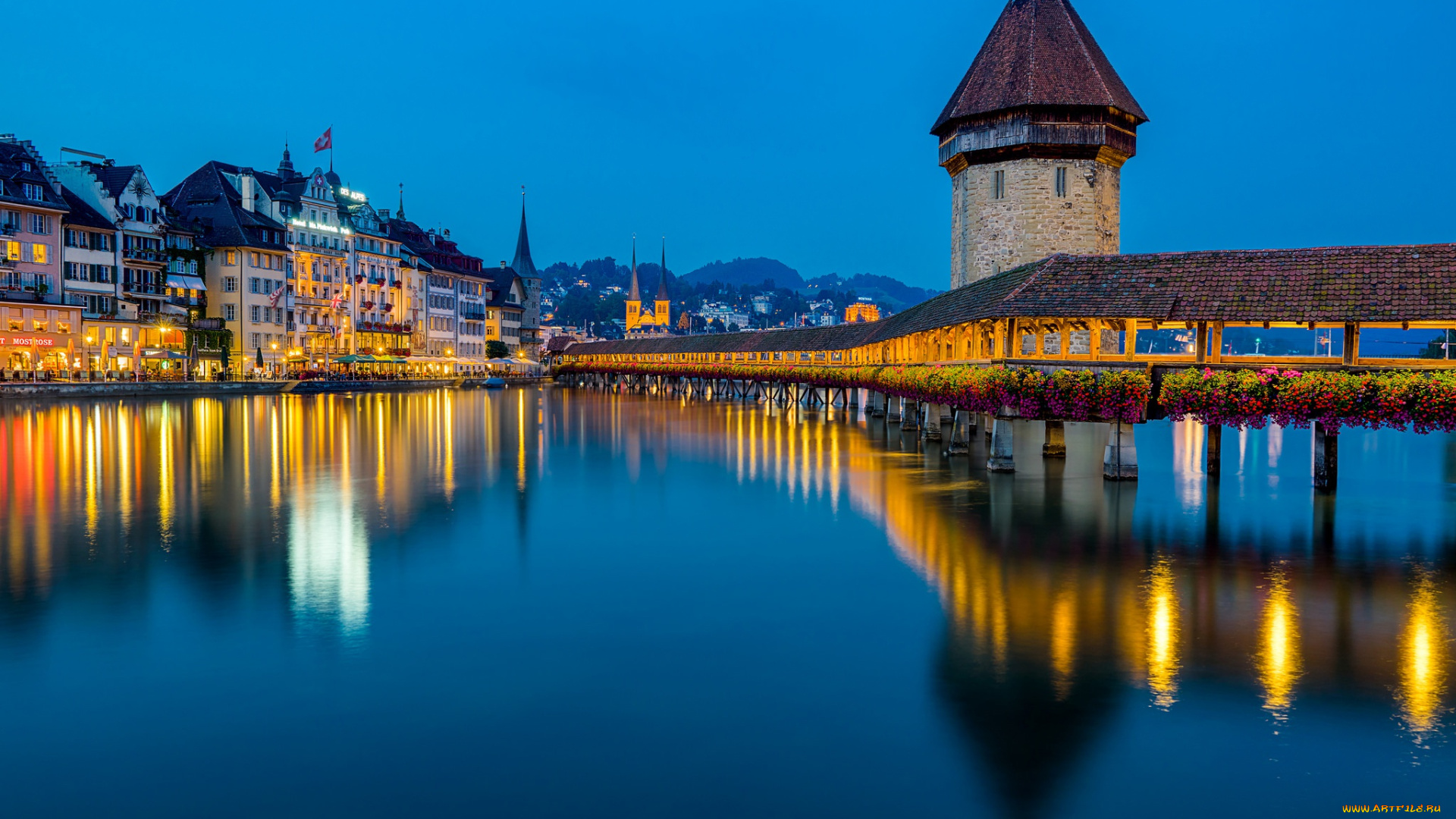 города, люцерн, , швейцария, switzerland, люцерн, отражение, ночной, город, мост, капельбрюкке