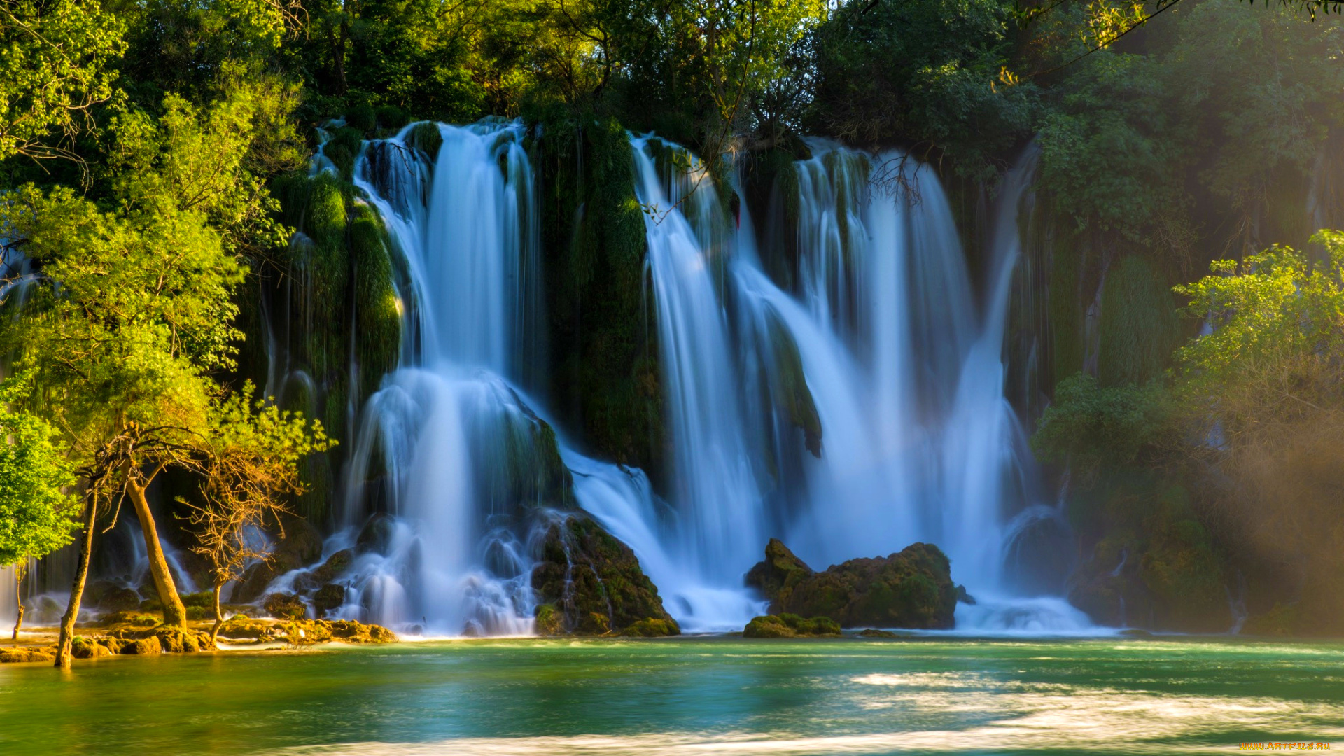 природа, водопады, kravice, falls, потоки, вода, bosnia, and, herzegovina, деревья