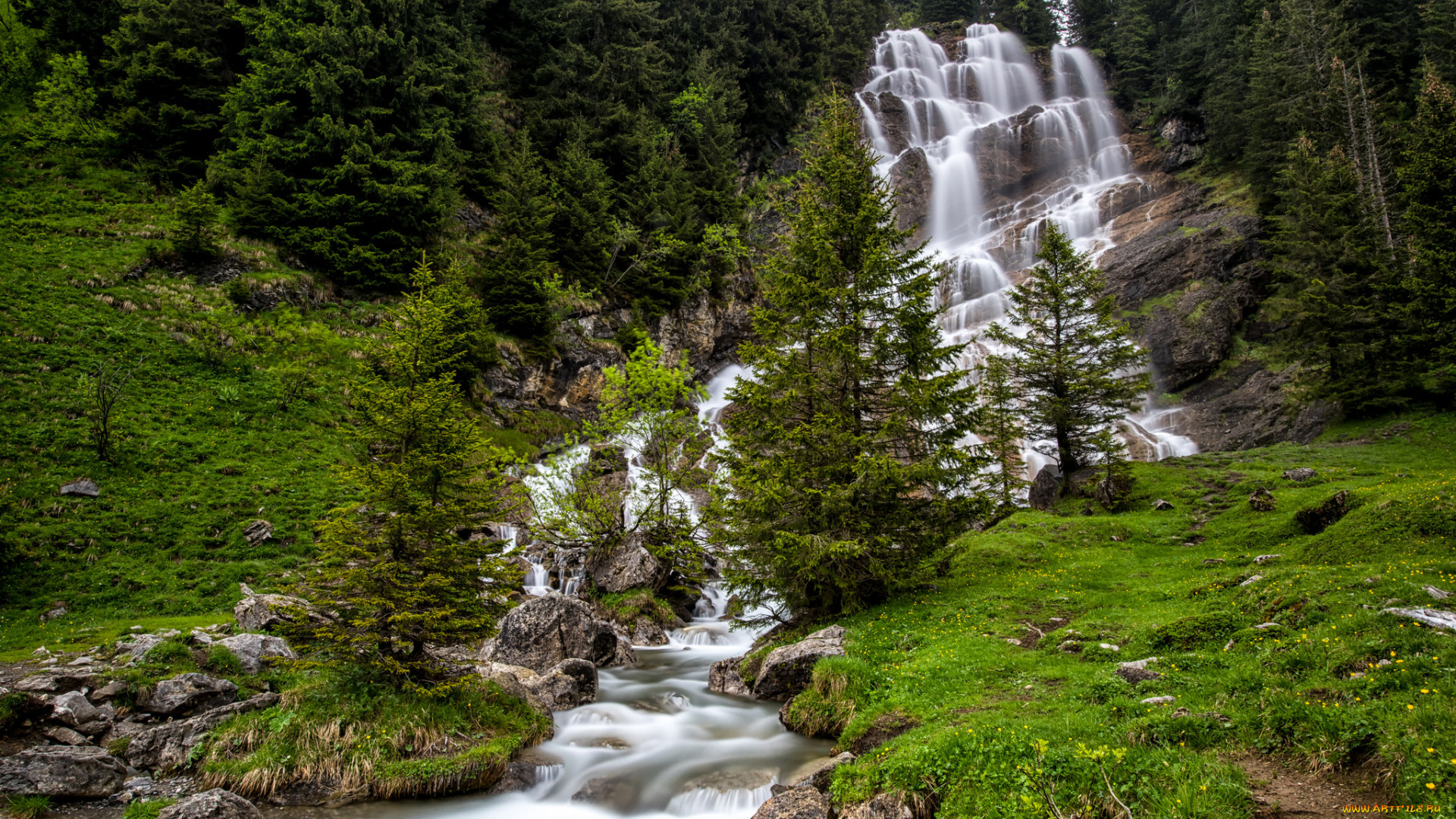 природа, водопады, река, водопад, лес