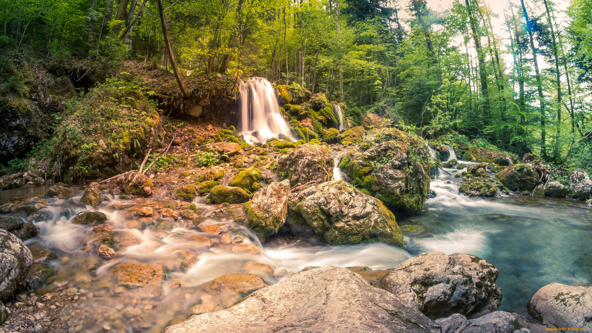 природа, водопады, водопад, река, лес