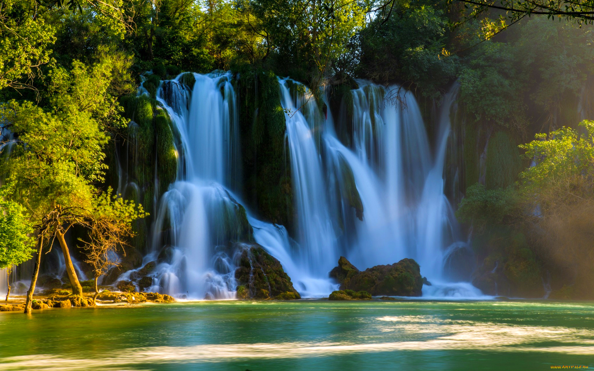 природа, водопады, kravice, falls, потоки, вода, bosnia, and, herzegovina, деревья